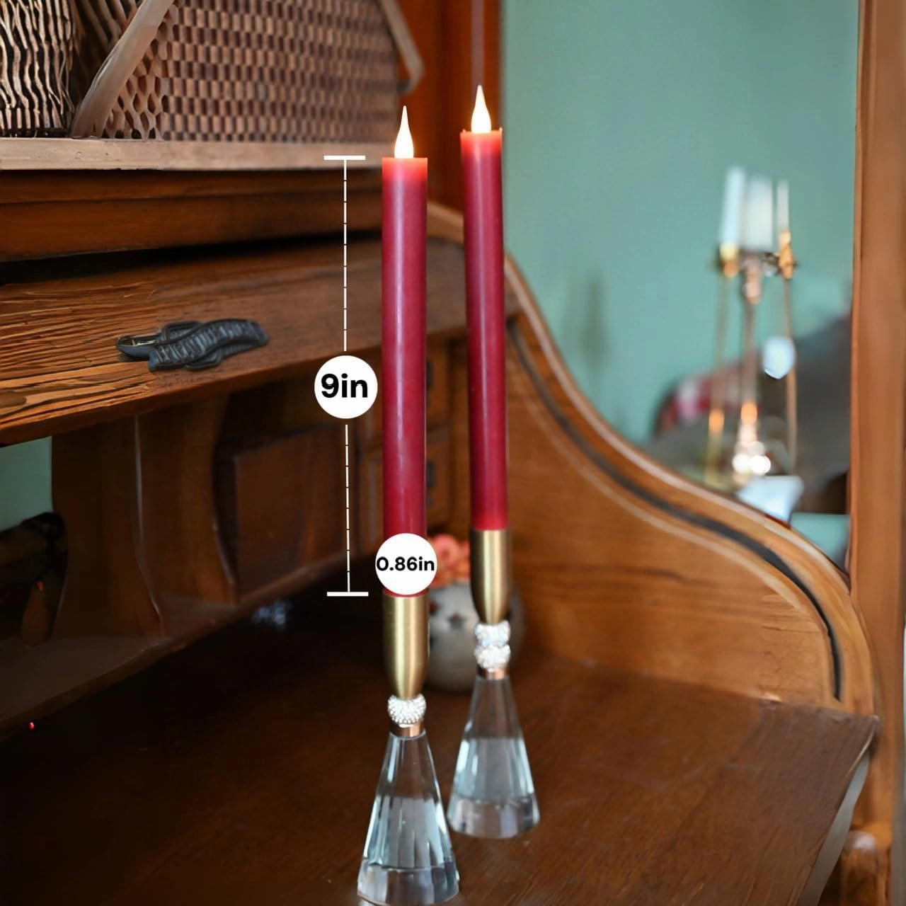 Flameless Taper Candles Flickering with Remote and Timer, 3D Moving Flame Taper Candles Battery Operated to 400 Hours, 9 Inch Window Candle, (Burgundy)