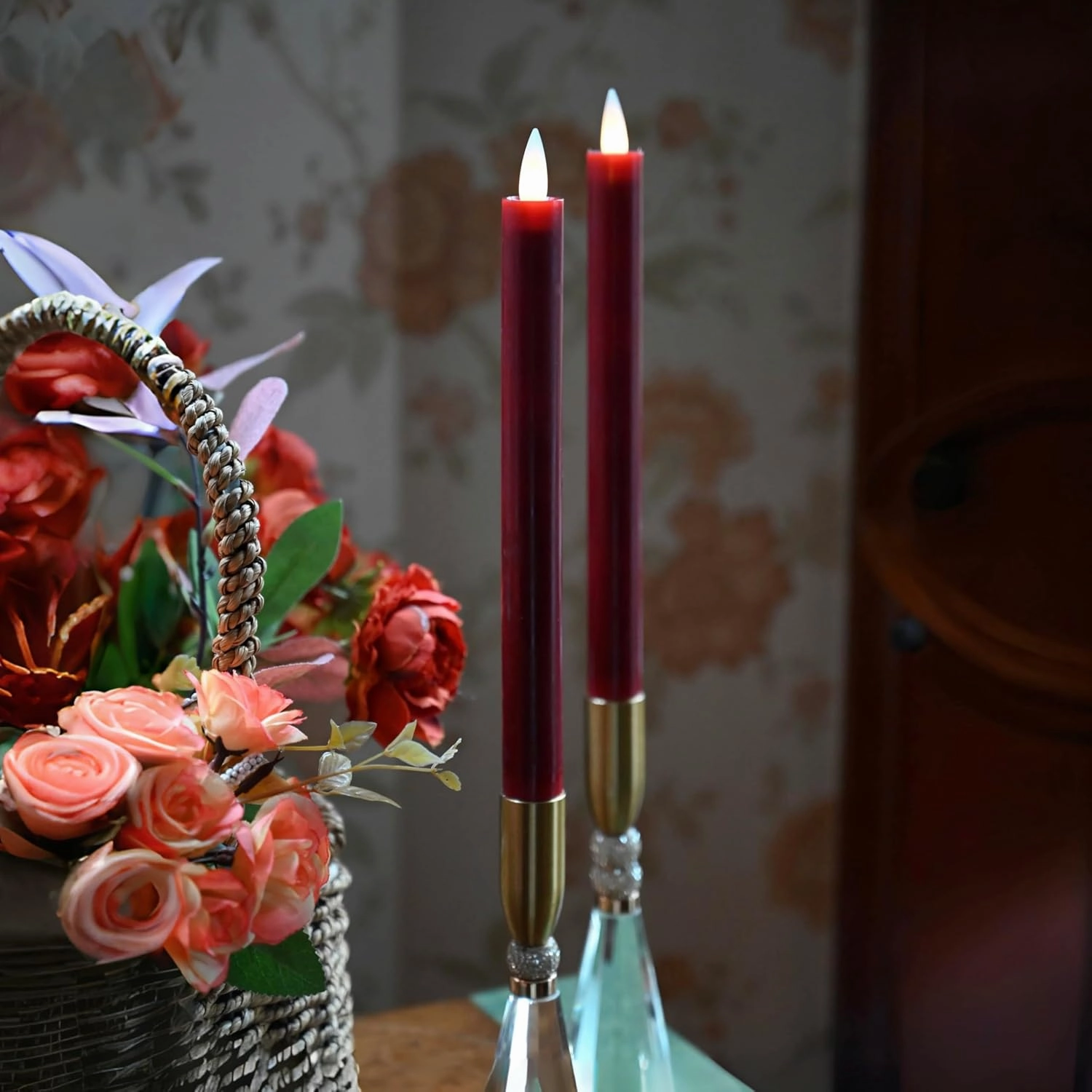 Flameless Taper Candles Flickering with Remote and Timer, 3D Moving Flame Taper Candles Battery Operated to 400 Hours, 9 Inch Window Candle, (Burgundy)