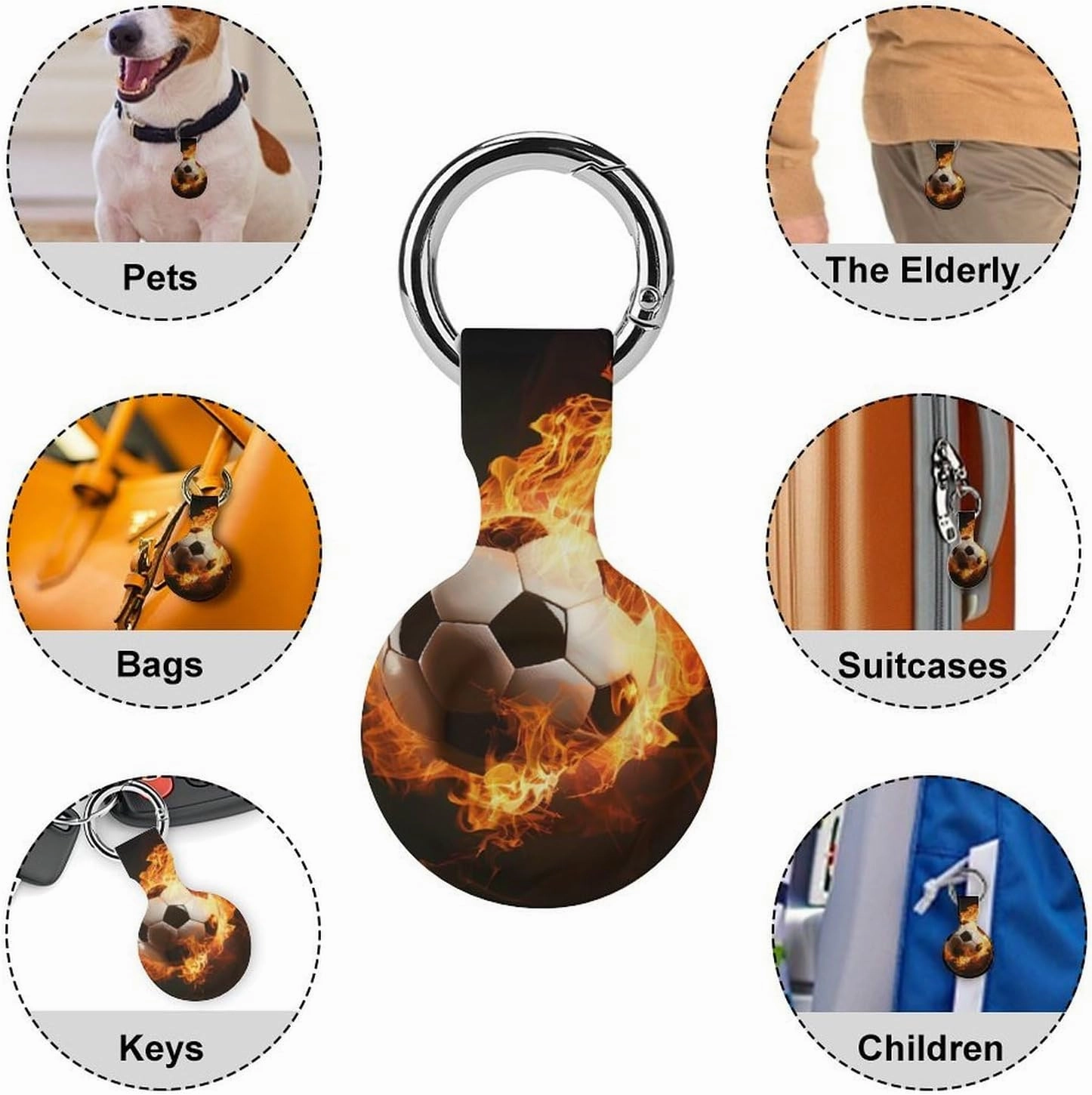Flaming Football Burning Soccer Sport Fashion Anti-Scratch Protective Case Cover Compatible with AirTag with Keychain