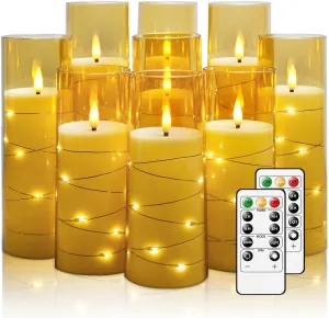 Flickering Flameless LED Candles,Battery Operated Candles 9 Pcs with Embedded Star String,Acrylic LED Pillar Candles with Remote,Suitable for Home Decoration to Create an Atmosphere（Gold）