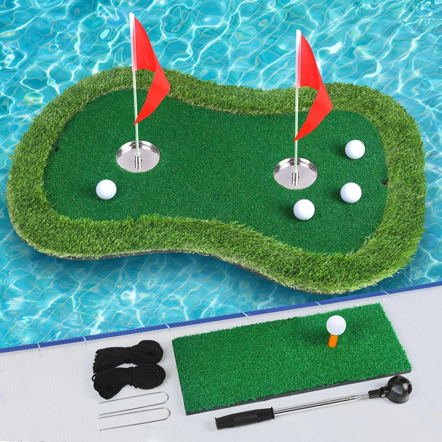 Floating Golf Green for Pool/Lake, Floating Chipping Mat with Ball Retriever & Anti-Drift Ropes - Stable Golf Putting Practice Game Set for Golfers