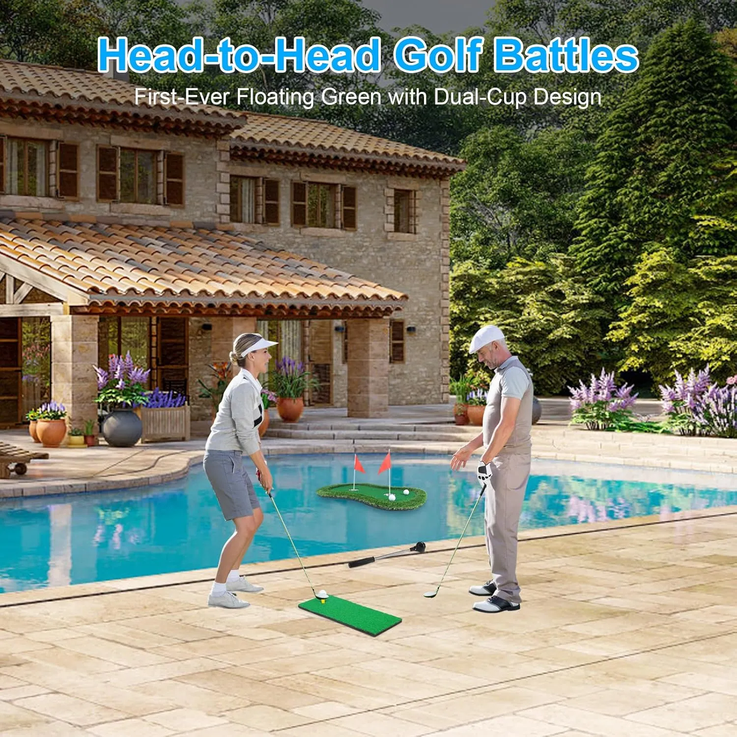 Floating Golf Green for Pool/Lake, Floating Chipping Mat with Ball Retriever & Anti-Drift Ropes - Stable Golf Putting Practice Game Set for Golfers
