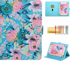 Flower Universal Case for 8 Inch Tablet, Techcircle Stand Folio Floral Design PU Leather Magnetic [Card Holder] Cover for Asus ZenPad 8, LG G-Pad 8.0 8.3, Samsung Tab 8.0" 8.4", Pink Blue Flowers