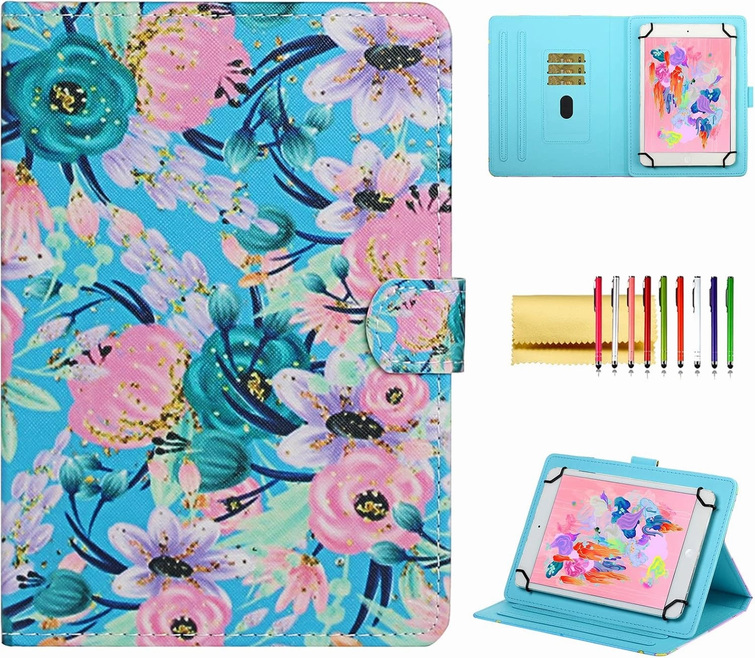 Flower Universal Case for 8 Inch Tablet, Techcircle Stand Folio Floral Design PU Leather Magnetic [Card Holder] Cover for Asus ZenPad 8, LG G-Pad 8.0 8.3, Samsung Tab 8.0" 8.4", Pink Blue Flowers