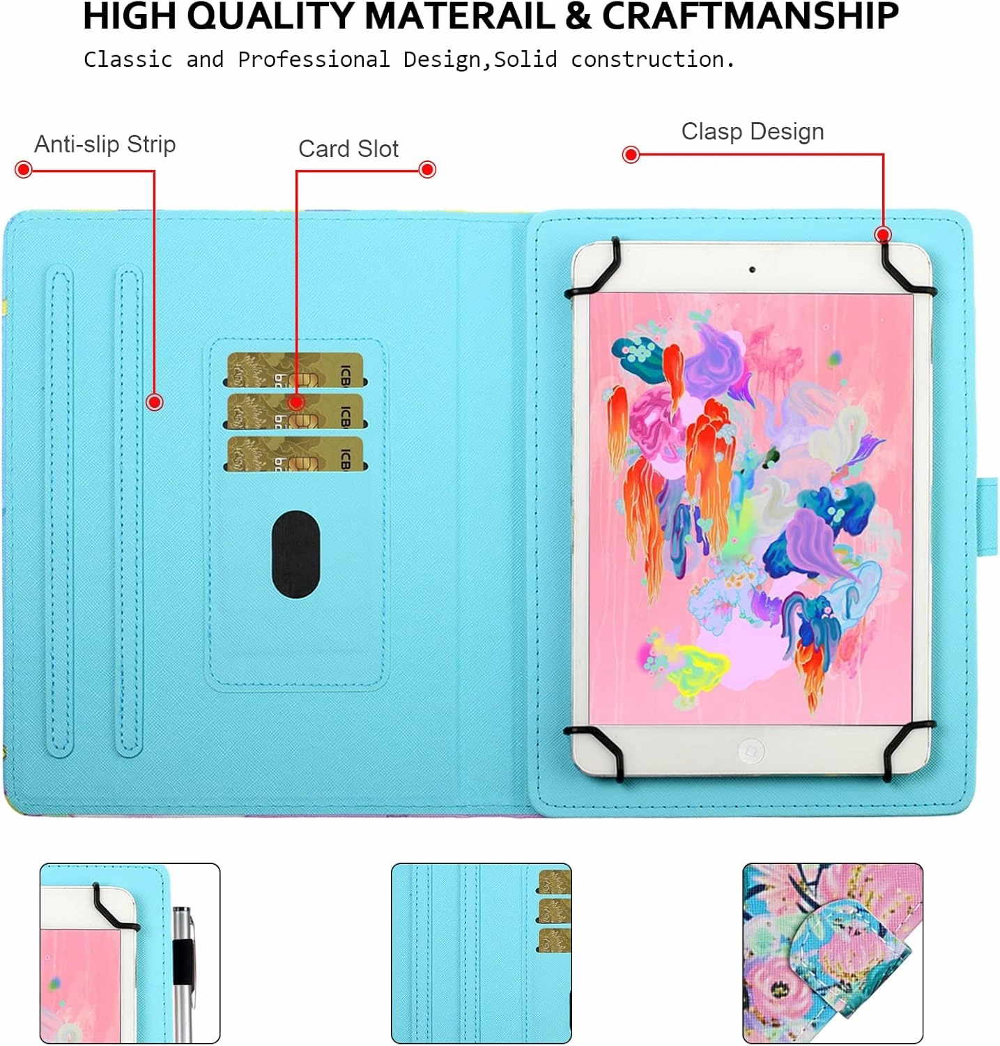 Flower Universal Case for 8 Inch Tablet, Techcircle Stand Folio Floral Design PU Leather Magnetic [Card Holder] Cover for Asus ZenPad 8, LG G-Pad 8.0 8.3, Samsung Tab 8.0" 8.4", Pink Blue Flowers