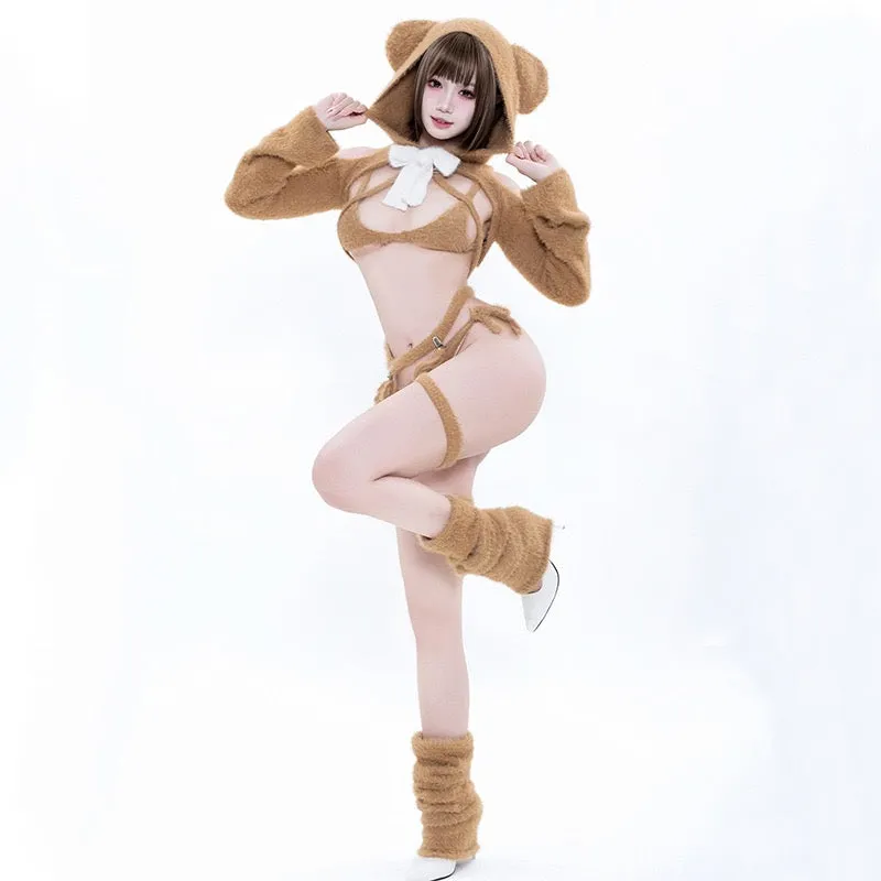Fluffy Bear Cosplay Bikini Set with Fuzzy Gloves & Leg Warmers Soft Girl Faux Mink Lingerie