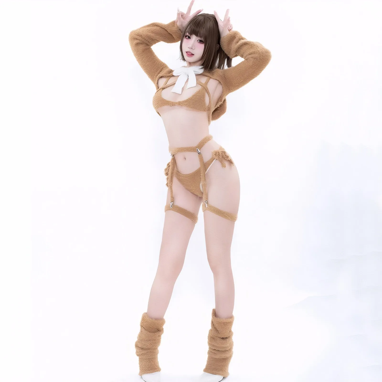 Fluffy Bear Cosplay Bikini Set with Fuzzy Gloves & Leg Warmers Soft Girl Faux Mink Lingerie