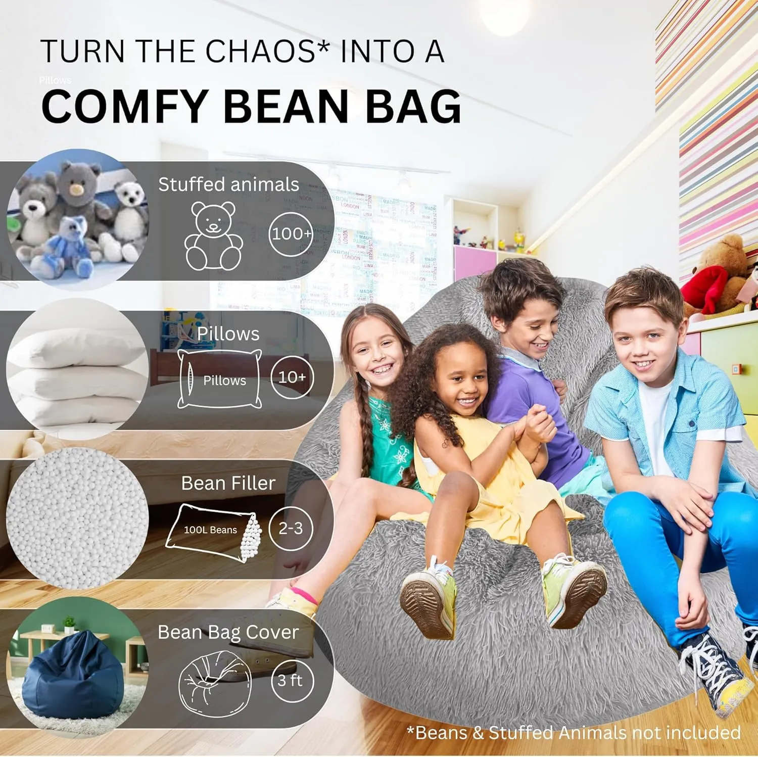 Fluffy Stuffed Animal Storage Bean Bag Chair Cover, Extra Soft 3cm Faux Fur, Comfy for kids, Adults or Teens, 3 ft Light Grey (Cover Only)