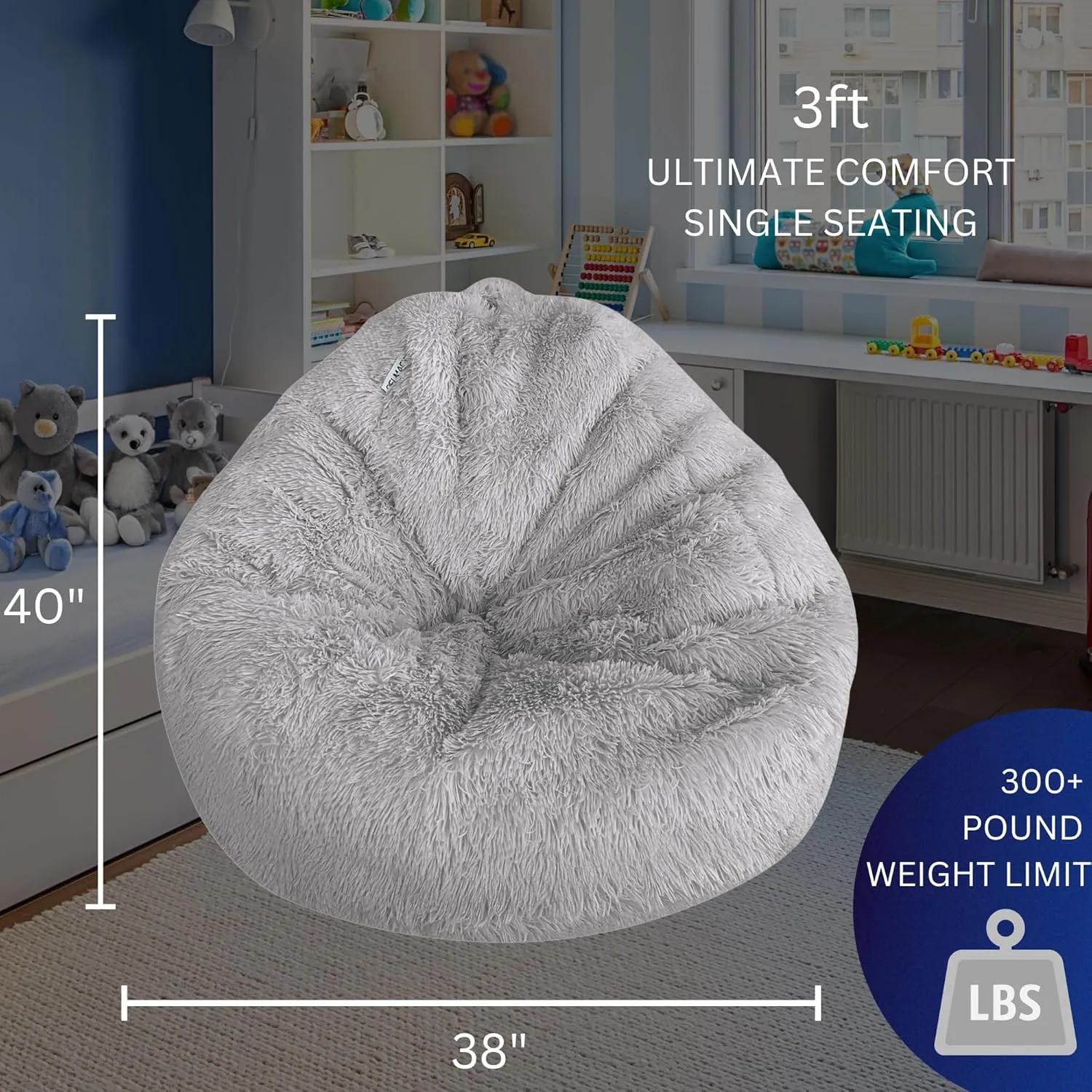 Fluffy Stuffed Animal Storage Bean Bag Chair Cover, Extra Soft 3cm Faux Fur, Comfy for kids, Adults or Teens, 3 ft Light Grey (Cover Only)