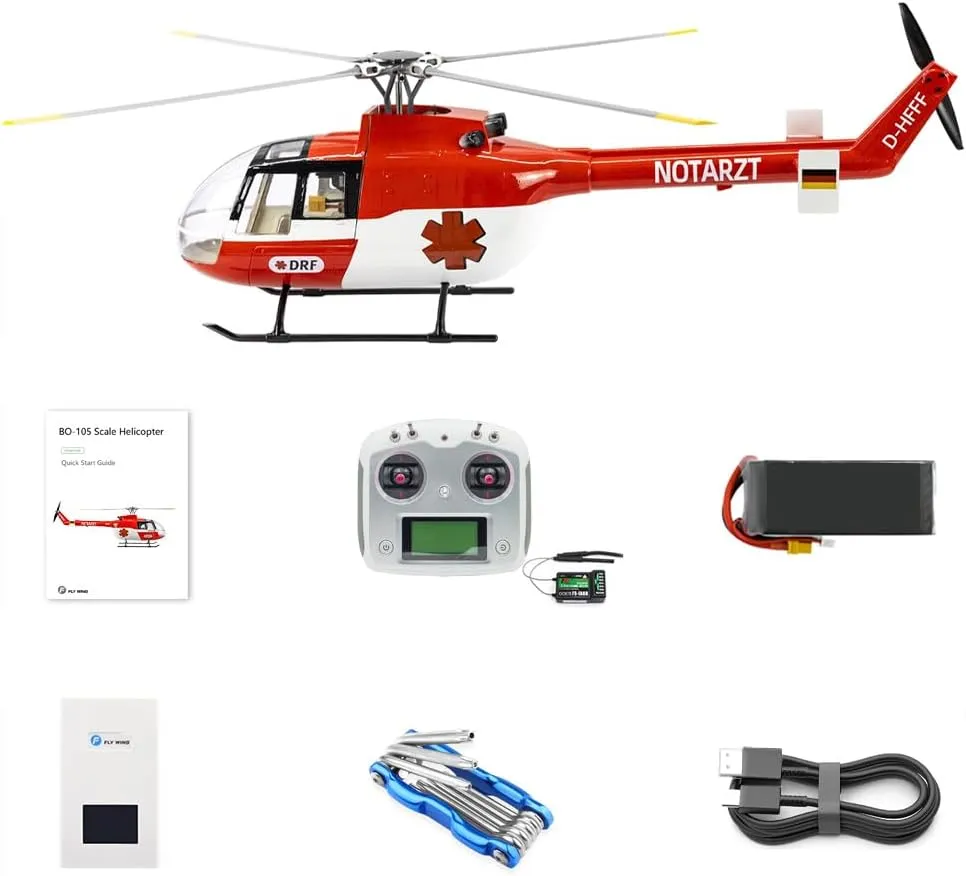 Fly Wing BO105 RC Helicopter with H1 Flight Controller 470 Class 4 Blades Scale Helicopter Maple Leaf BO-105 FLYWING BO105 Hobby rc Helicopters with one Key Return
