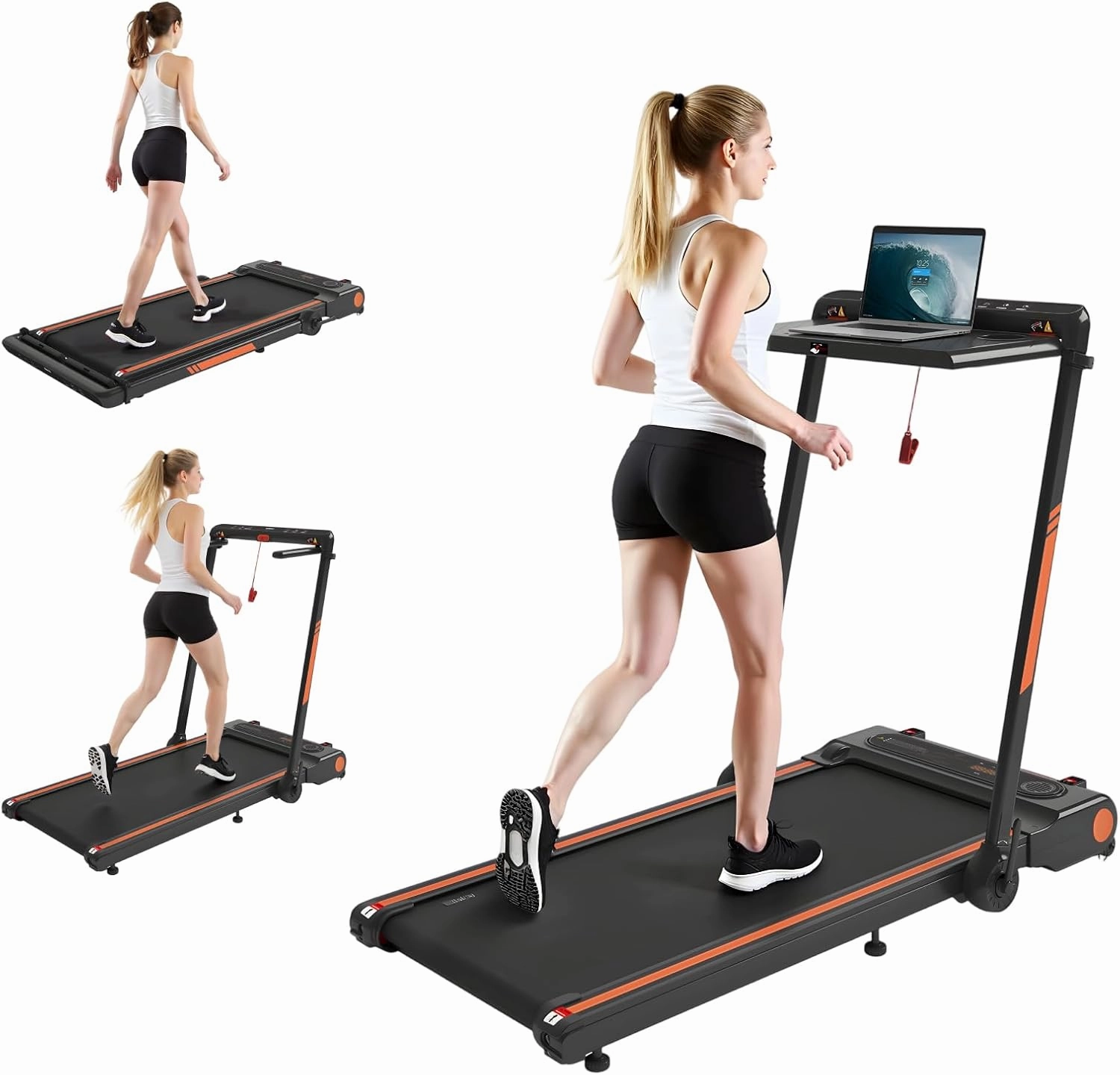 Foldable Treadmill with Incline, Removable Desk Workstation, 3.0 HP 3-in-1 Compact Folding Small Walking Treadmill, 300 Lbs Capacity for Home Office