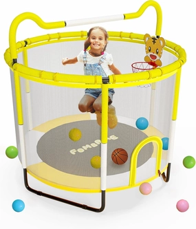FOMBRIAE 55'' Trampoline for Kids, 4.5FT Indoor Outdoor Trampoline with Enclosure Net, Mini Baby Toddler Trampoline with Basketball Hoop, Birthday Gifts for Children.Age 1-8