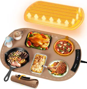 Food Warming Mat, Electric Warming Trays for Buffet & Party Rollable Food Warmers Silicone Heating Mat with 9 Temperature Setting 23.1"x15.9" (Brown)