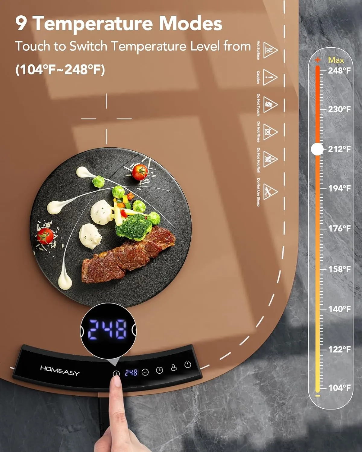 Food Warming Mat, Electric Warming Trays for Buffet & Party Rollable Food Warmers Silicone Heating Mat with 9 Temperature Setting 23.1"x15.9" (Brown)