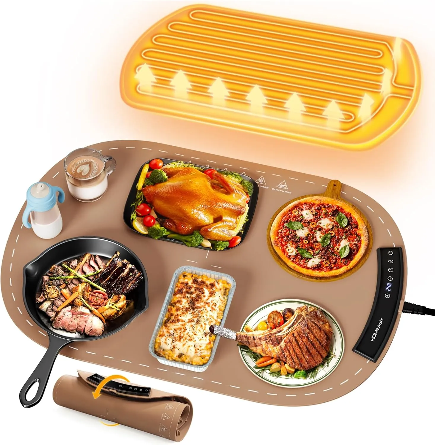 Food Warming Mat, Electric Warming Trays for Buffet & Party Rollable Food Warmers Silicone Heating Mat with 9 Temperature Setting 23.1"x15.9" (Brown)