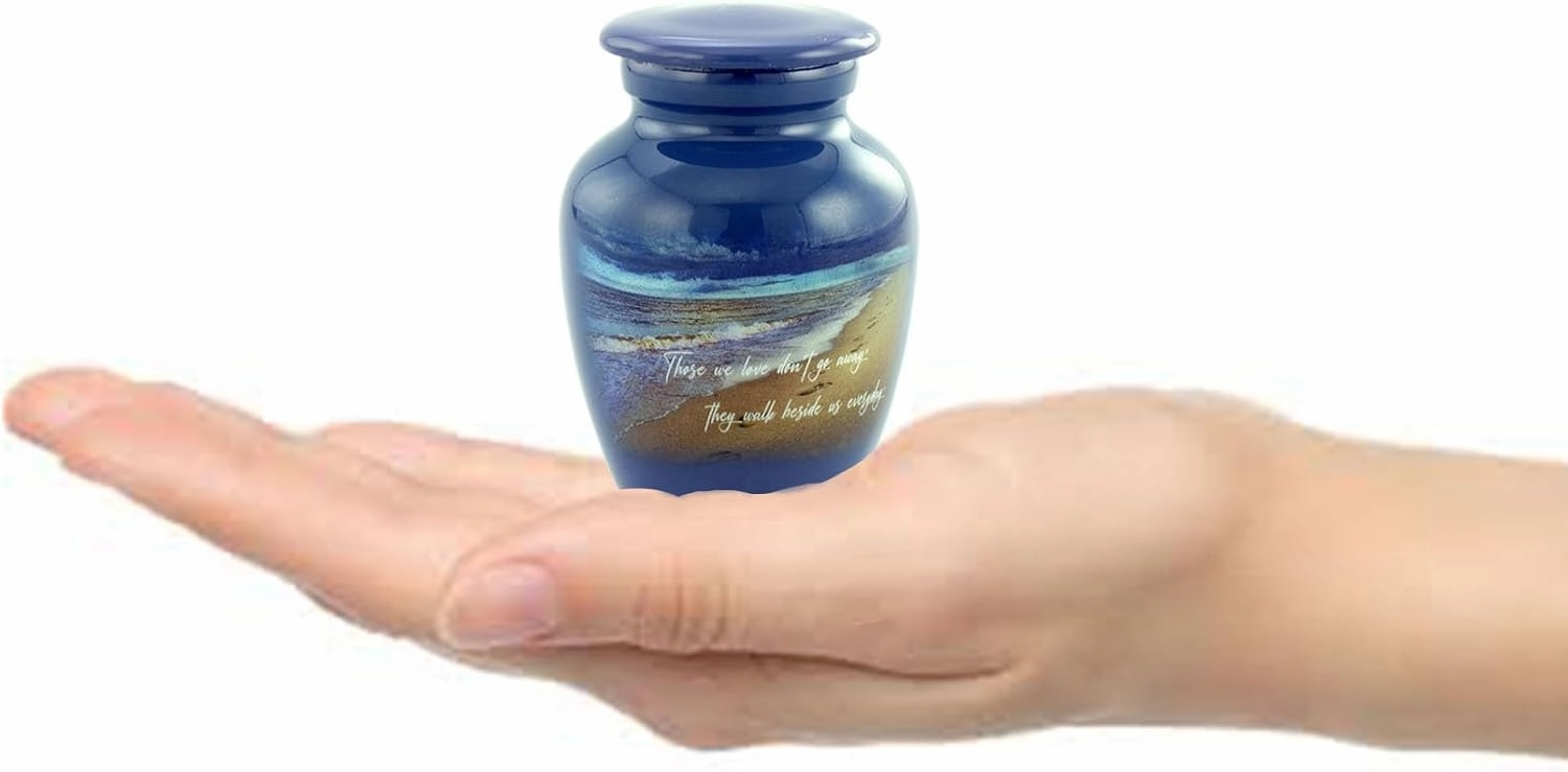 Footprints Keepsake Urn, Footprints Mini Cremation Urn for Ashes, Hand Painted Miniature Beach Urn, Handmade Beach Sharing Mini Memorial Blue Urn with Premium Box & Velvet Bag (Keepsake)