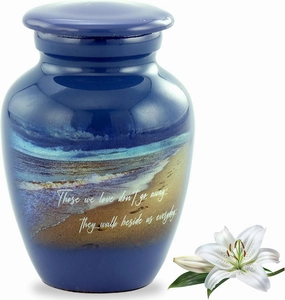 Footprints Keepsake Urn, Footprints Mini Cremation Urn for Ashes, Hand Painted Miniature Beach Urn, Handmade Beach Sharing Mini Memorial Blue Urn with Premium Box & Velvet Bag (Keepsake)