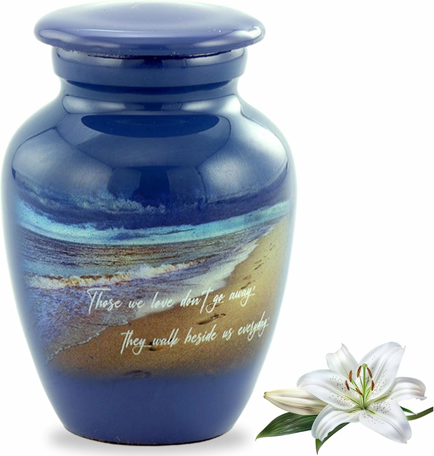 Footprints Keepsake Urn, Footprints Mini Cremation Urn for Ashes, Hand Painted Miniature Beach Urn, Handmade Beach Sharing Mini Memorial Blue Urn with Premium Box & Velvet Bag (Keepsake)