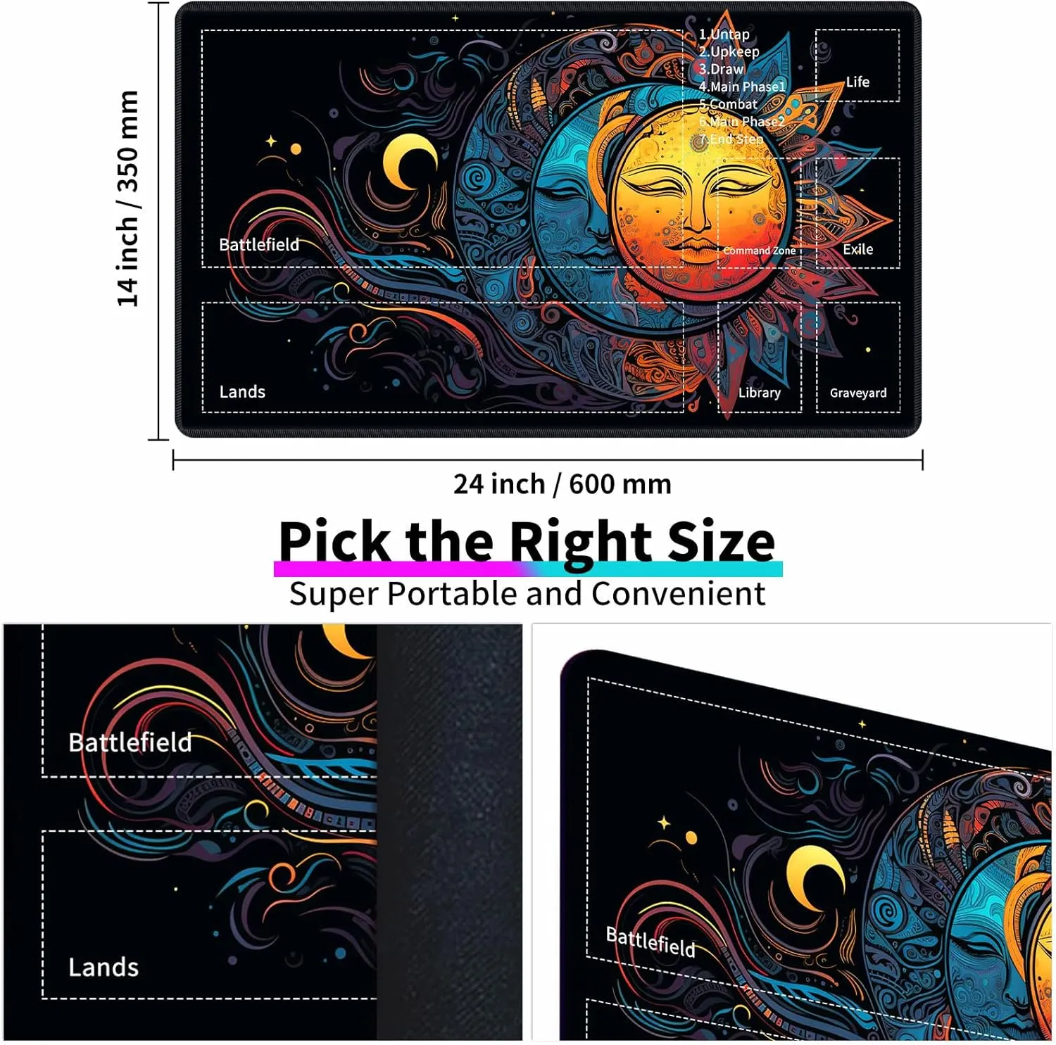 for MTG TCG Playmat,Game Play Mat for MTG TCG DTCG CCG RPG and Other Card Games/Mouse Pad 24 x 14 inches Trading Card Game Board Game with Zones and Non Slip Rubber Backing,Colorful Moon