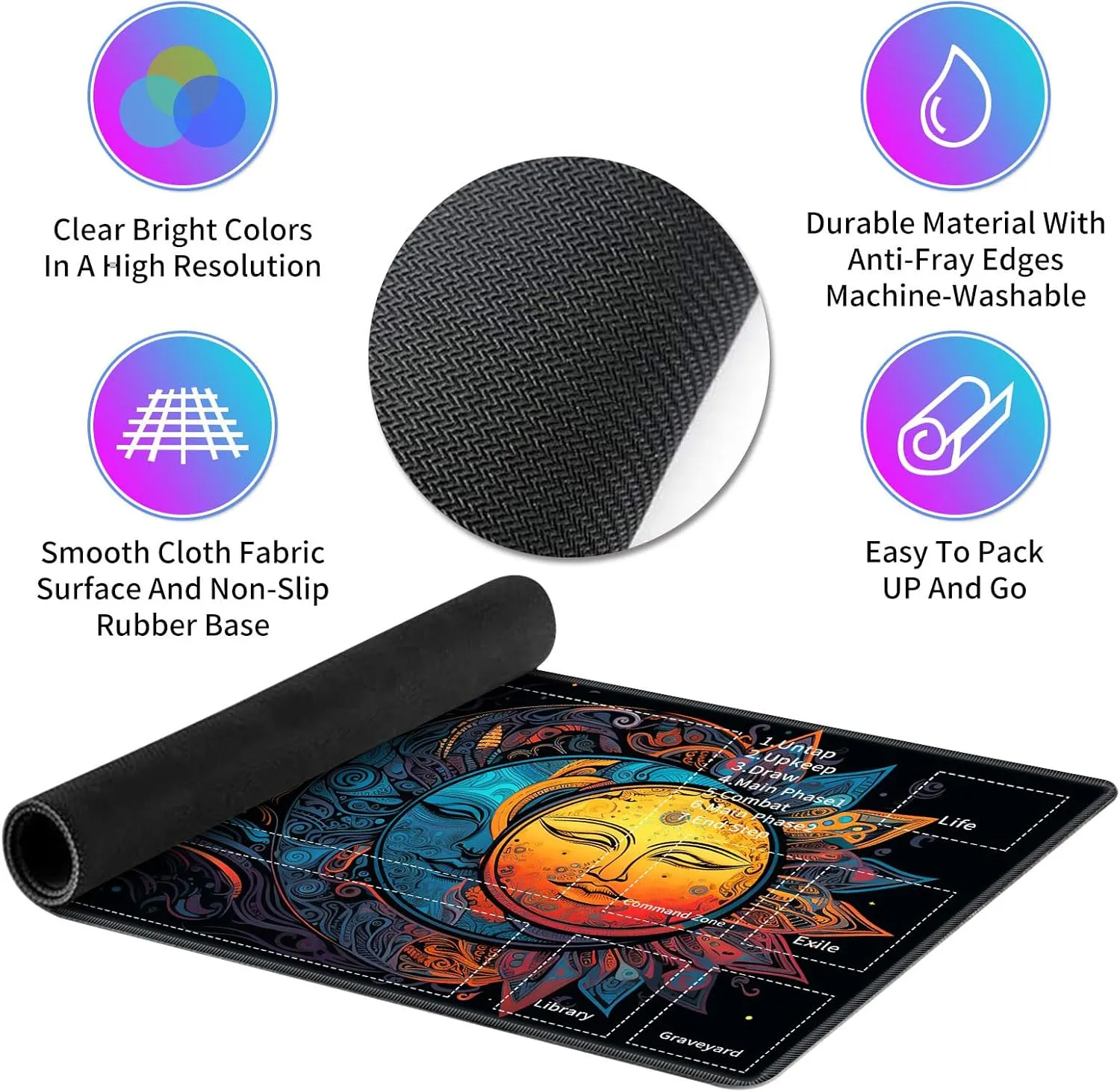 for MTG TCG Playmat,Game Play Mat for MTG TCG DTCG CCG RPG and Other Card Games/Mouse Pad 24 x 14 inches Trading Card Game Board Game with Zones and Non Slip Rubber Backing,Colorful Moon