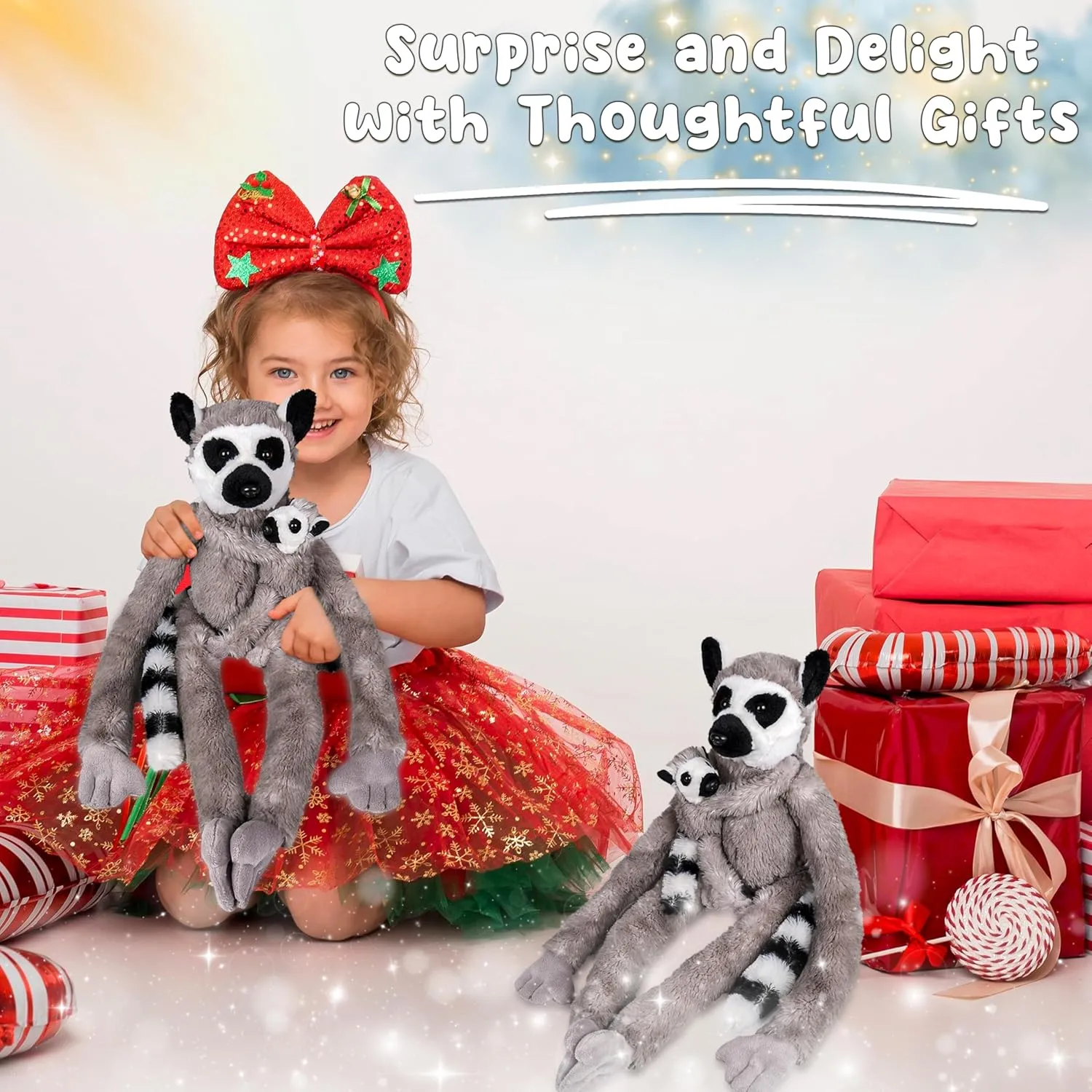 Forest & Twelfth 28" Stuffed Mom and Baby Hanging Lemur Plush Animals for Kids, Cute & Huggable Stuffed Zoo Animals Ideal for Nursery Room Décor (Mom & Baby Lemur)