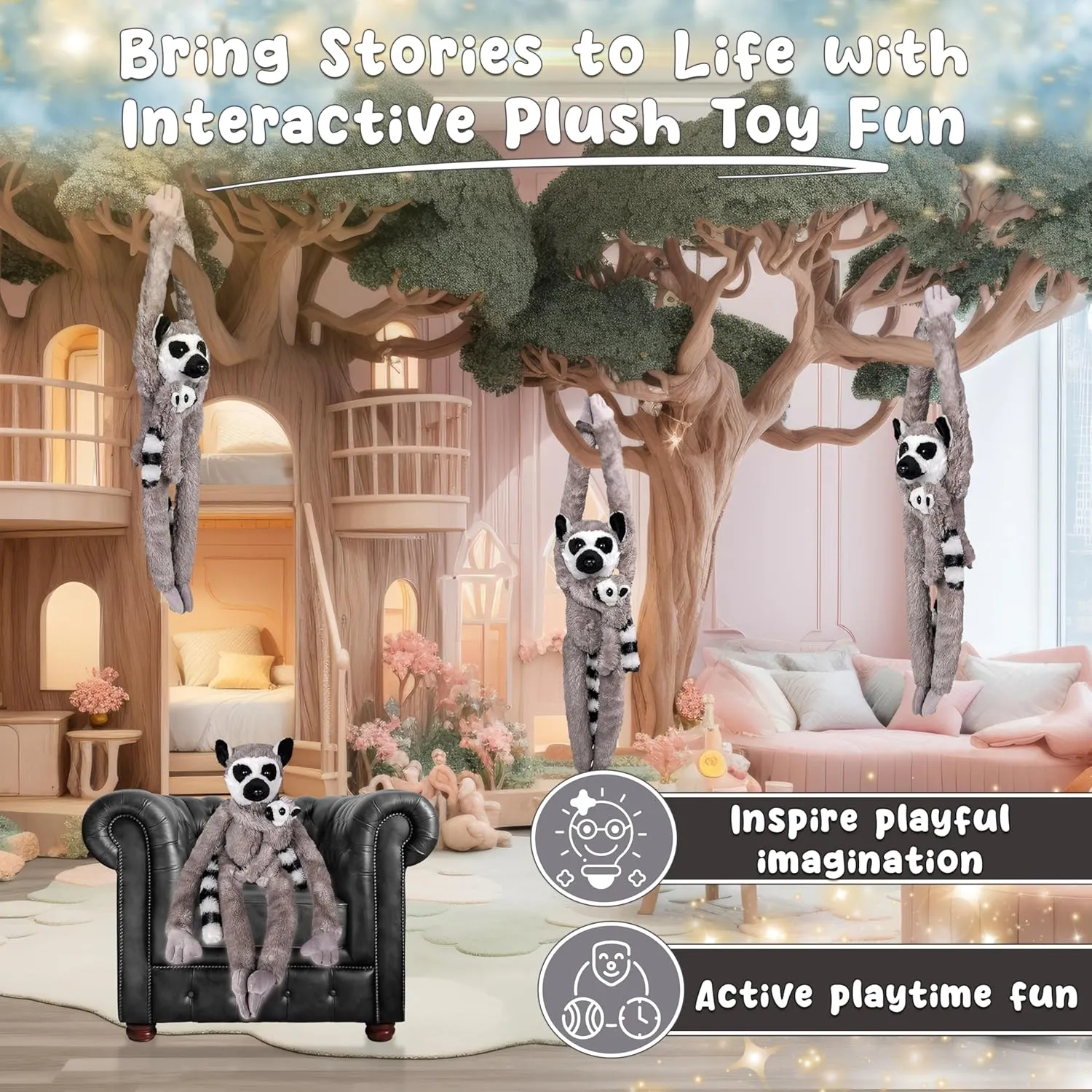 Forest & Twelfth 28" Stuffed Mom and Baby Hanging Lemur Plush Animals for Kids, Cute & Huggable Stuffed Zoo Animals Ideal for Nursery Room Décor (Mom & Baby Lemur)