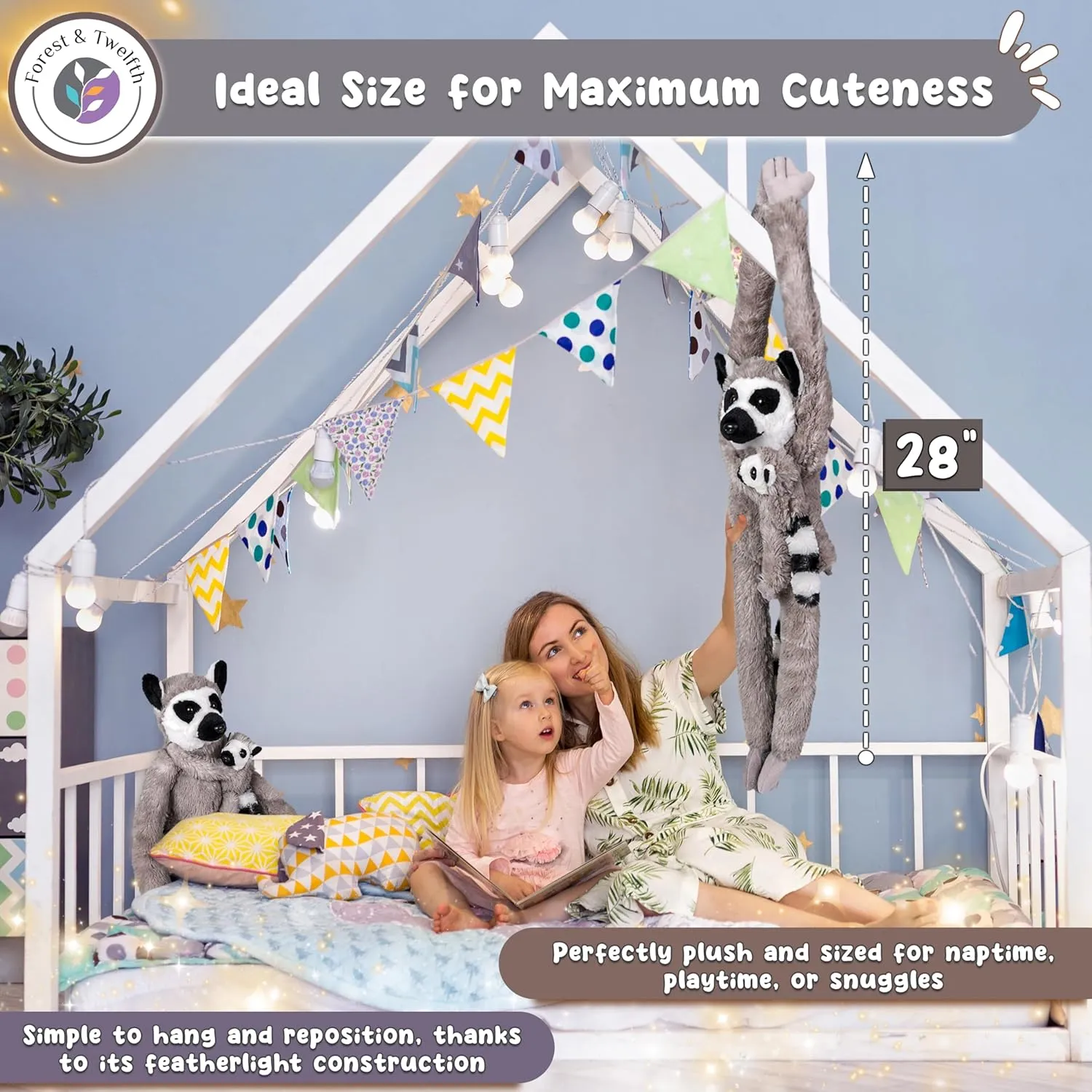 Forest & Twelfth 28" Stuffed Mom and Baby Hanging Lemur Plush Animals for Kids, Cute & Huggable Stuffed Zoo Animals Ideal for Nursery Room Décor (Mom & Baby Lemur)