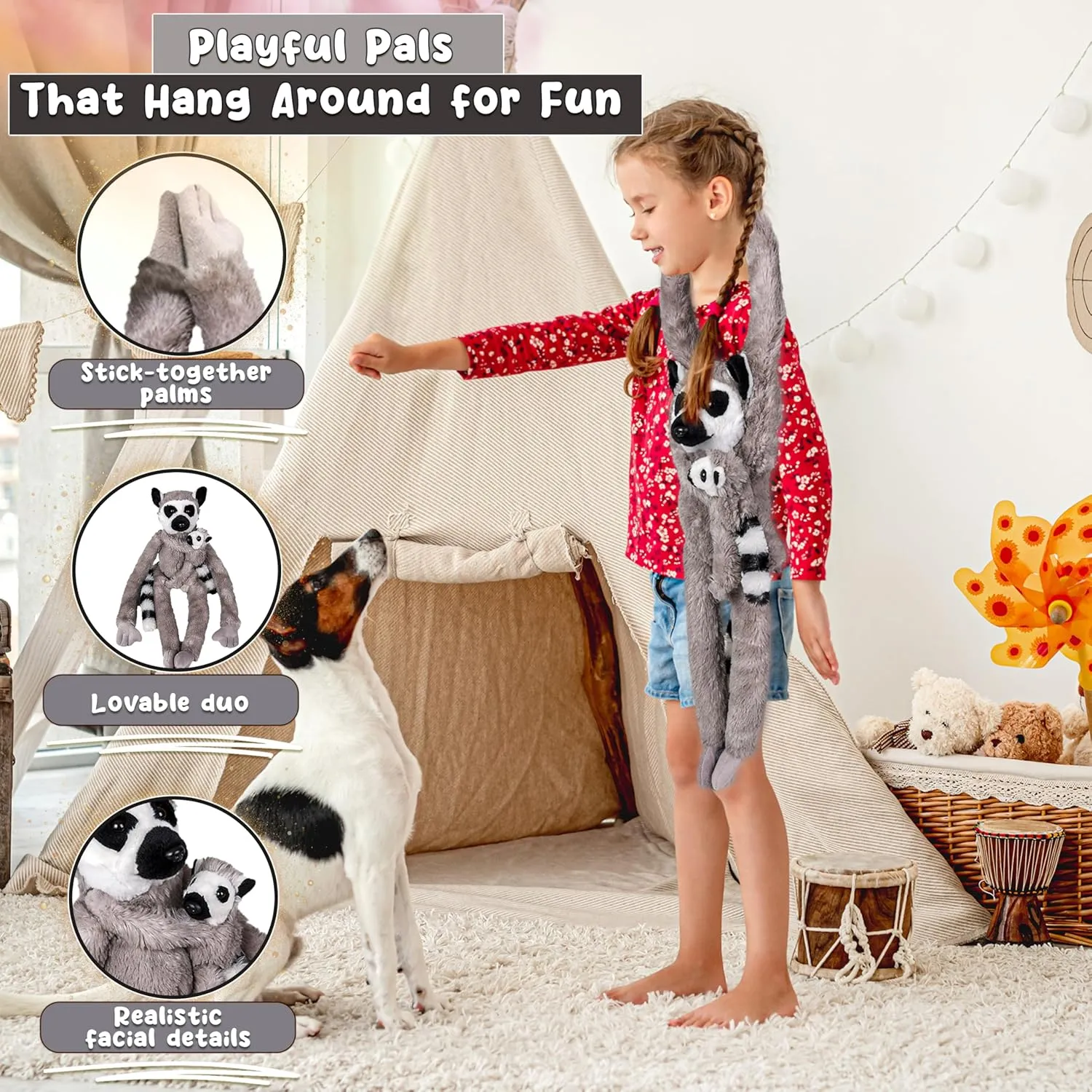 Forest & Twelfth 28" Stuffed Mom and Baby Hanging Lemur Plush Animals for Kids, Cute & Huggable Stuffed Zoo Animals Ideal for Nursery Room Décor (Mom & Baby Lemur)