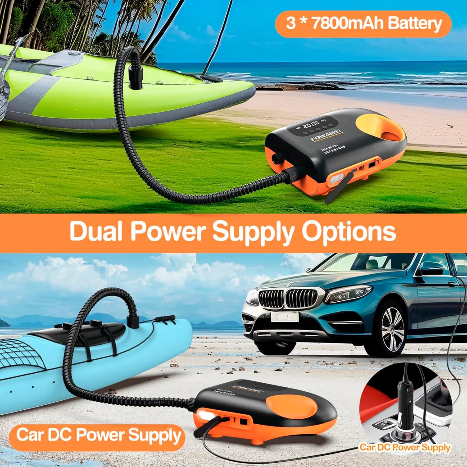 FOWAWU Paddleboard Pump, Sup Pump Electric DC 12V Car Connector, Paddle Board Pump Intelligent Dual Stage Inflation & Deflation