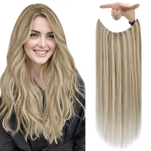 Fshine Wire Hair Extensions Golden Blonde Highlighted Dark Ash Blonde Fishing Line Hair Extensions 20 Inch Hidden Wire Hair Extensions Silky Long Secret Hairpiece Clip ins for Women 80G