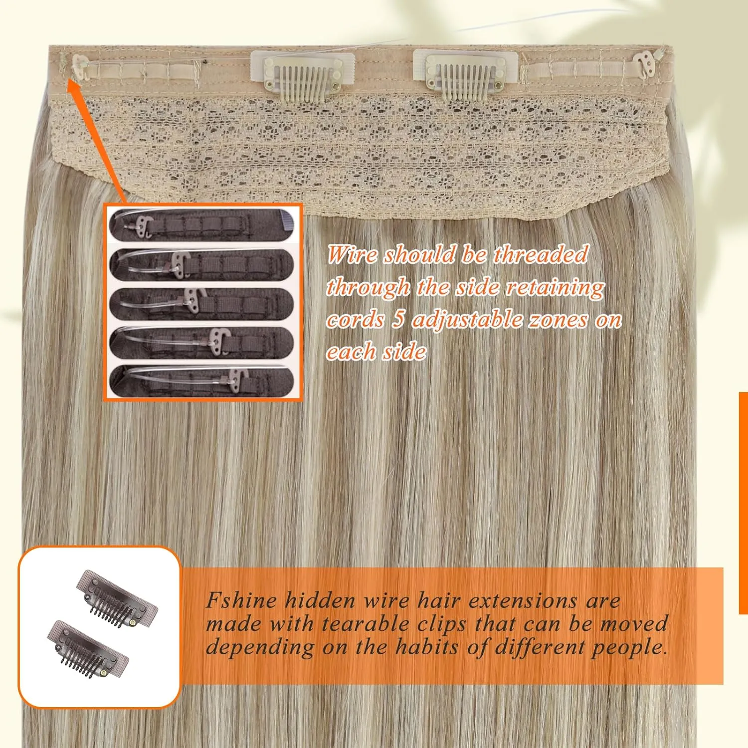 Fshine Wire Hair Extensions Golden Blonde Highlighted Dark Ash Blonde Fishing Line Hair Extensions 20 Inch Hidden Wire Hair Extensions Silky Long Secret Hairpiece Clip ins for Women 80G