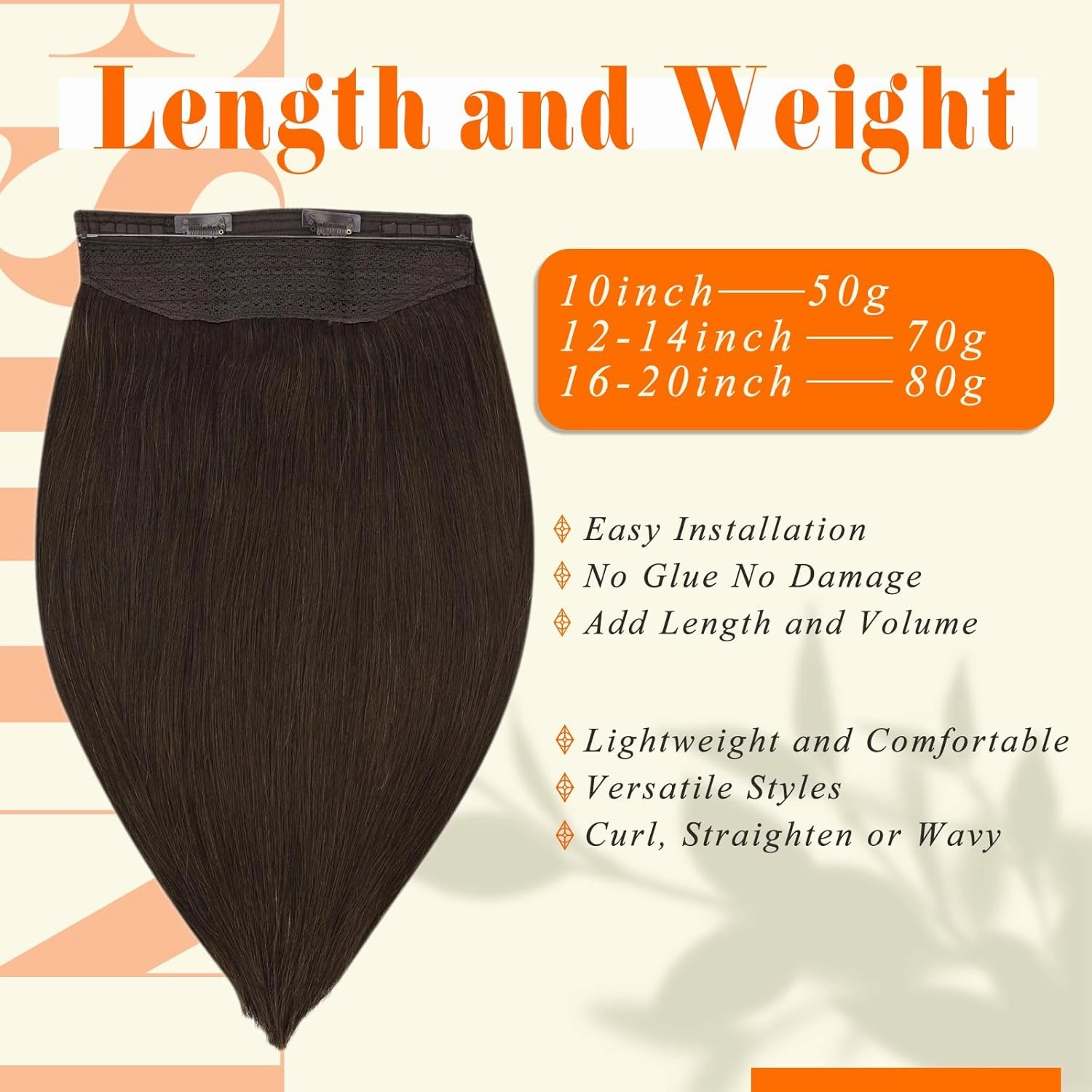 Fshine Human Hair Wire Hair Extensions Dark Brown 14 Inch Straight Brunette Invisible Wire Hair Extensions with Transparent Fish Line 70 Grams Straight Secret One Piece Clip in Hair Extensions