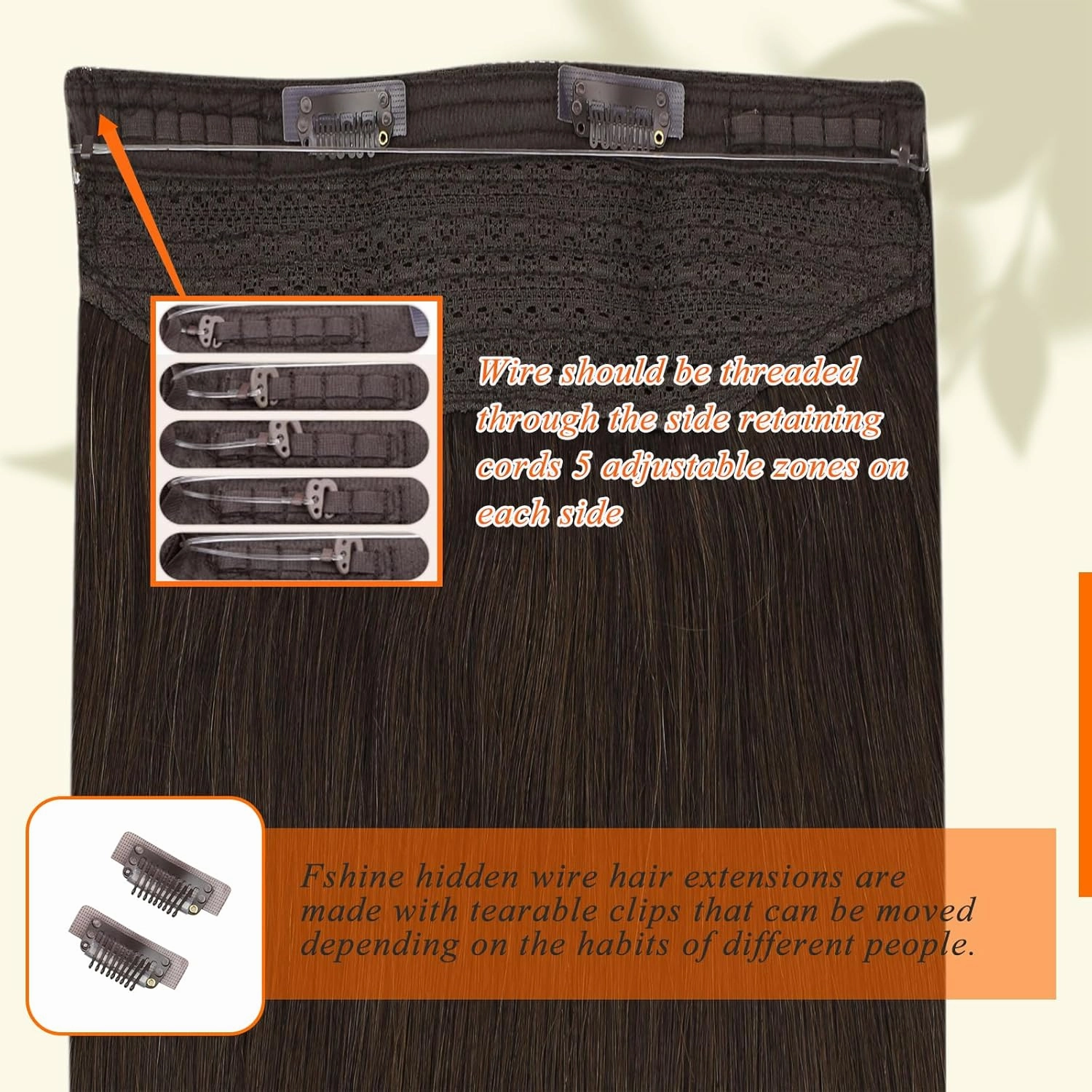 Fshine Human Hair Wire Hair Extensions Dark Brown 14 Inch Straight Brunette Invisible Wire Hair Extensions with Transparent Fish Line 70 Grams Straight Secret One Piece Clip in Hair Extensions