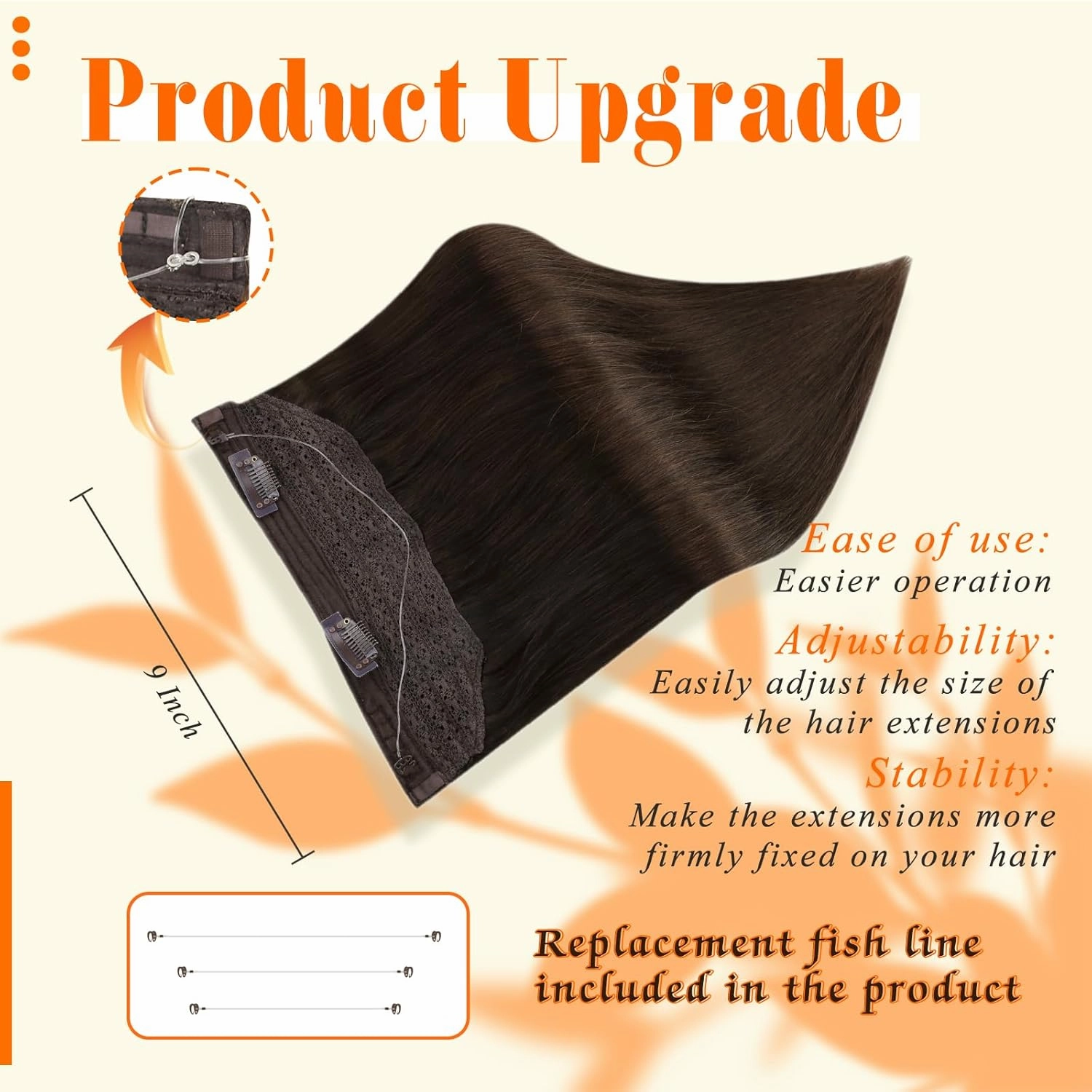 Fshine Human Hair Wire Hair Extensions Dark Brown 14 Inch Straight Brunette Invisible Wire Hair Extensions with Transparent Fish Line 70 Grams Straight Secret One Piece Clip in Hair Extensions