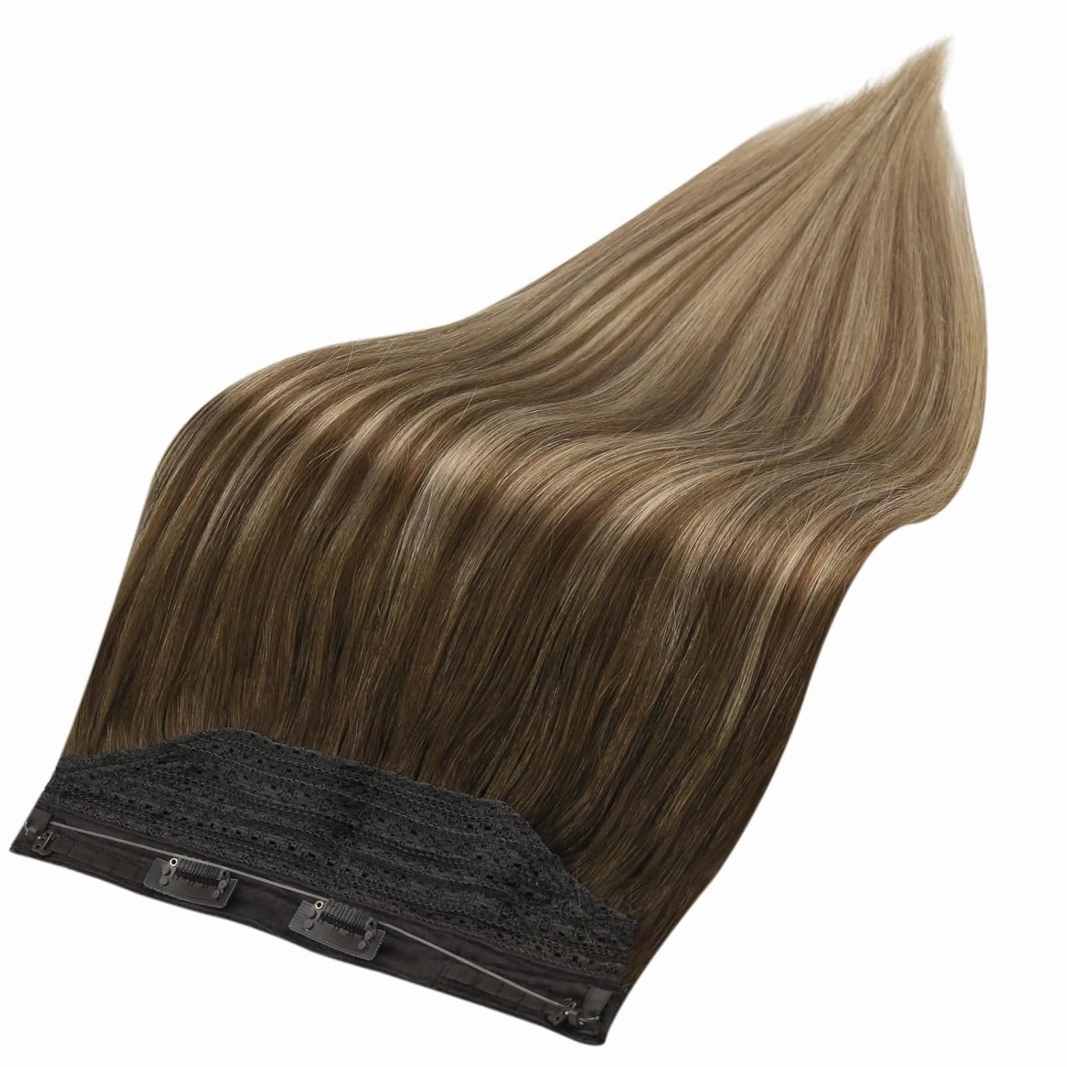 Fshine Invisible Wire Hair Extensions 12 Inch Balayage Brown Straight Human Hair Fish Line Clip in Layered Hairpiece One Piece Clip ins 70G Natural Remy Hair