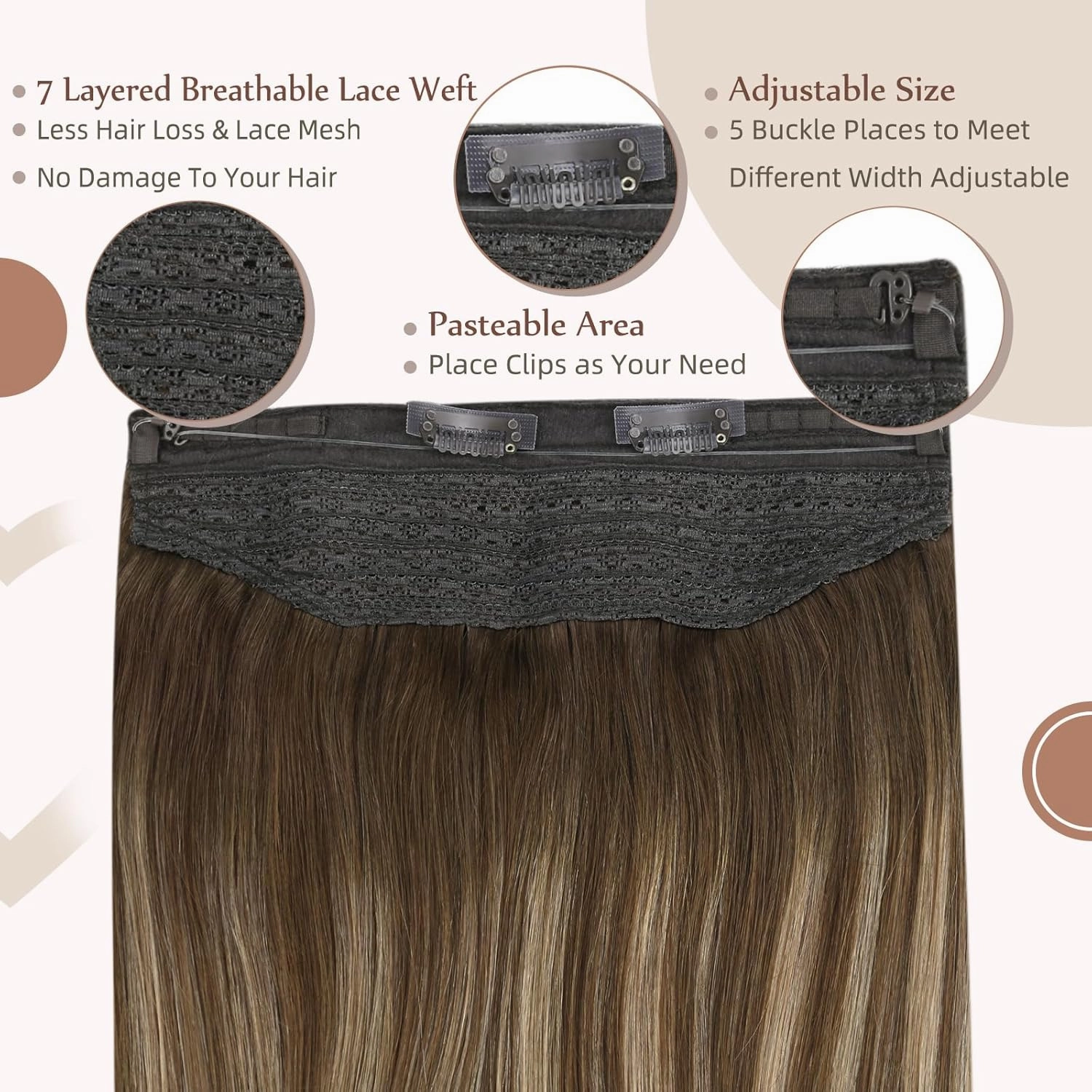 Fshine Invisible Wire Hair Extensions 12 Inch Balayage Brown Straight Human Hair Fish Line Clip in Layered Hairpiece One Piece Clip ins 70G Natural Remy Hair