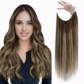 Fshine Invisible Wire Hair Extensions 12 Inch Balayage Brown Straight Human Hair Fish Line Clip in Layered Hairpiece One Piece Clip ins 70G Natural Remy Hair