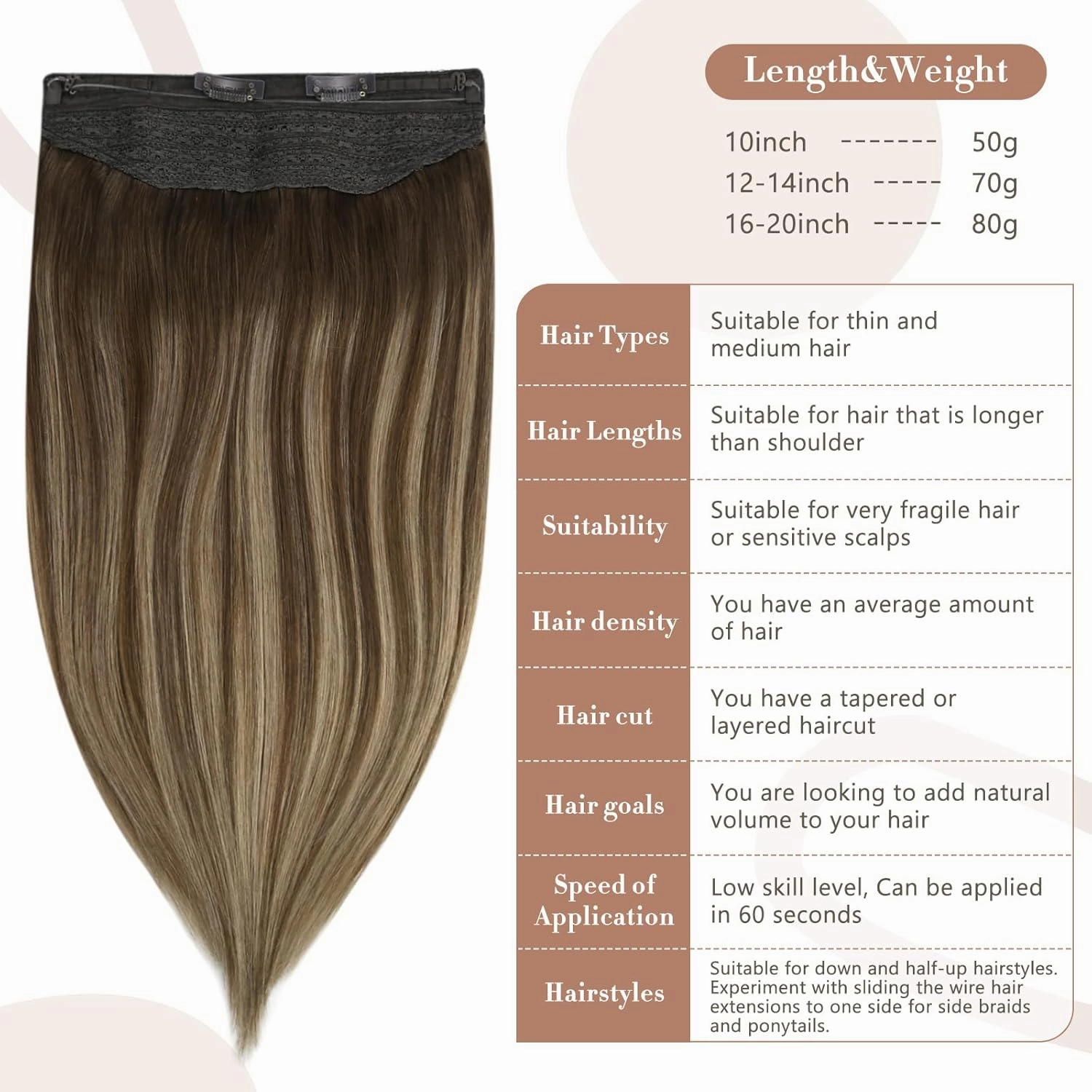 Fshine Invisible Wire Hair Extensions 12 Inch Balayage Brown Straight Human Hair Fish Line Clip in Layered Hairpiece One Piece Clip ins 70G Natural Remy Hair