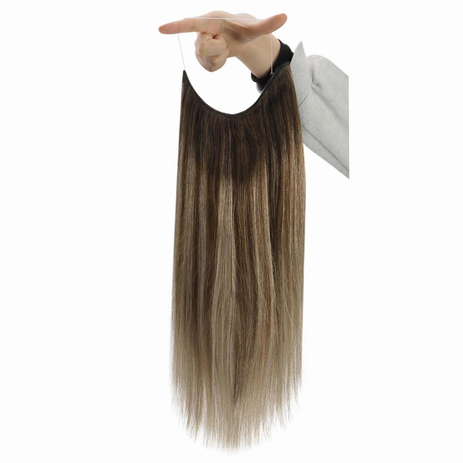 Fshine Invisible Wire Hair Extensions 12 Inch Balayage Brown Straight Human Hair Fish Line Clip in Layered Hairpiece One Piece Clip ins 70G Natural Remy Hair