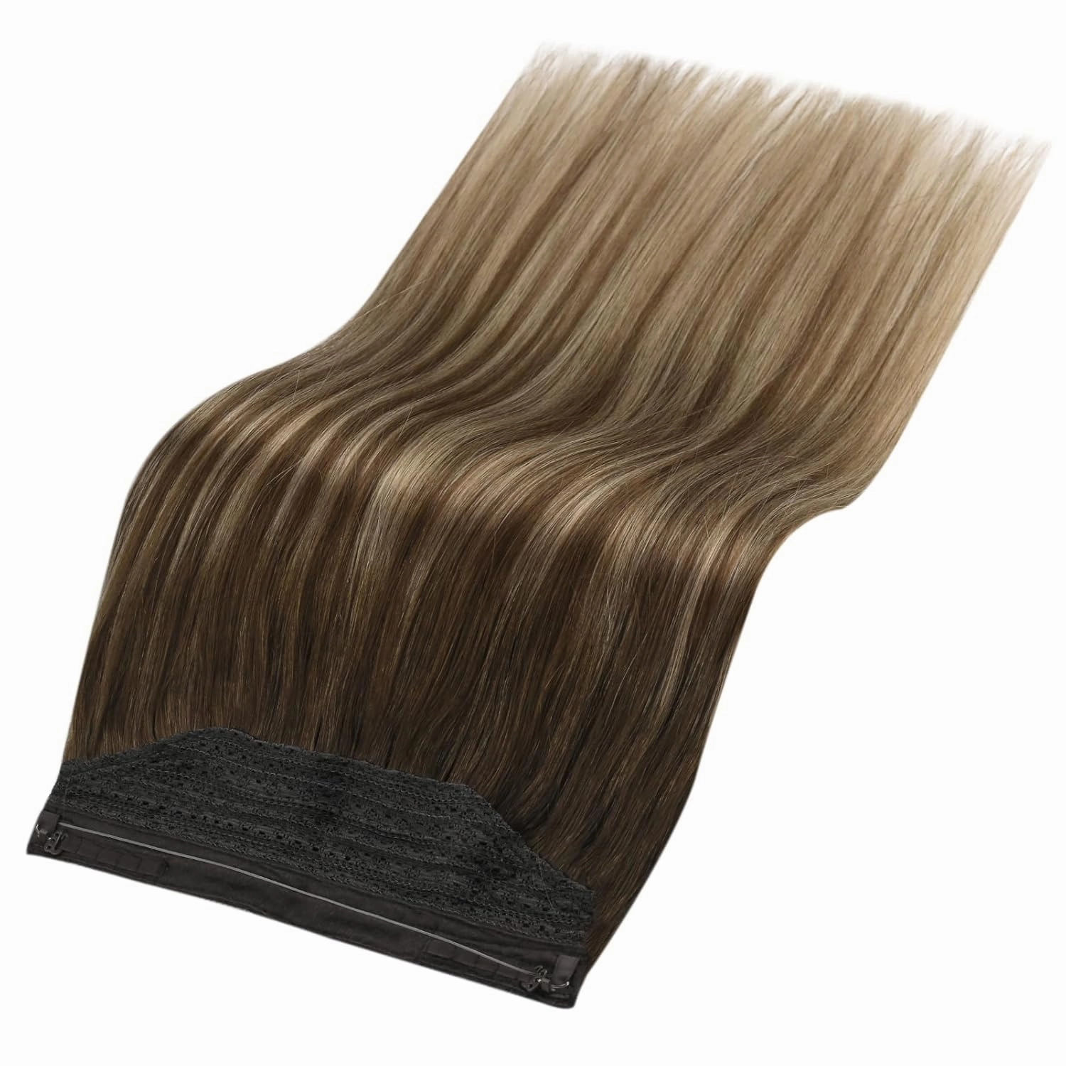 Fshine Invisible Wire Hair Extensions 12 Inch Balayage Brown Straight Human Hair Fish Line Clip in Layered Hairpiece One Piece Clip ins 70G Natural Remy Hair