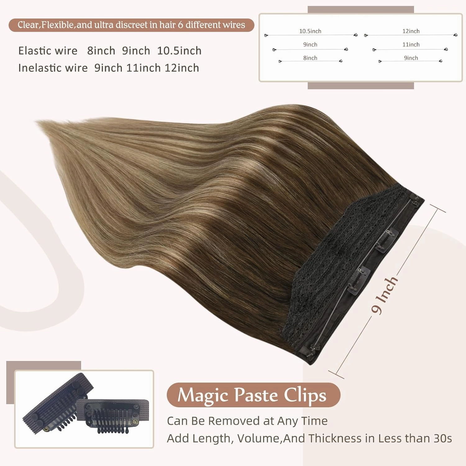 Fshine Invisible Wire Hair Extensions 12 Inch Balayage Brown Straight Human Hair Fish Line Clip in Layered Hairpiece One Piece Clip ins 70G Natural Remy Hair