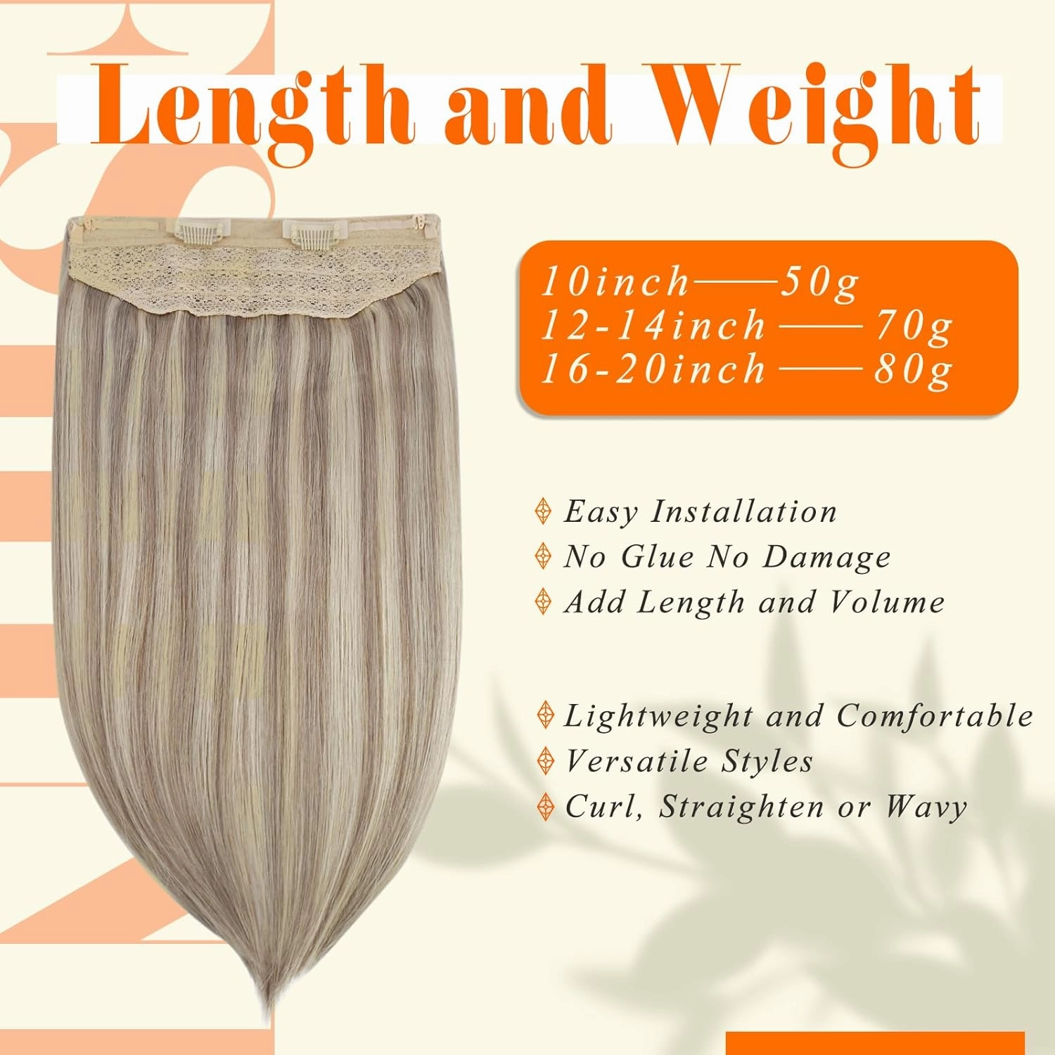 Fshine Invisible Wire Hair Extensions Real Human Hair Ash Blonde Highlighted Bleach Blonde Fish Line Layered Wire Human Hair Extensions Secret Extensions One Piece Clip in Hair Extensions 12Inch 70G