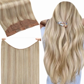 Fshine Invisible Wire Hair Extensions Real Human Hair Ash Blonde Highlighted Bleach Blonde Fish Line Layered Wire Human Hair Extensions Secret Extensions One Piece Clip in Hair Extensions 12Inch 70G
