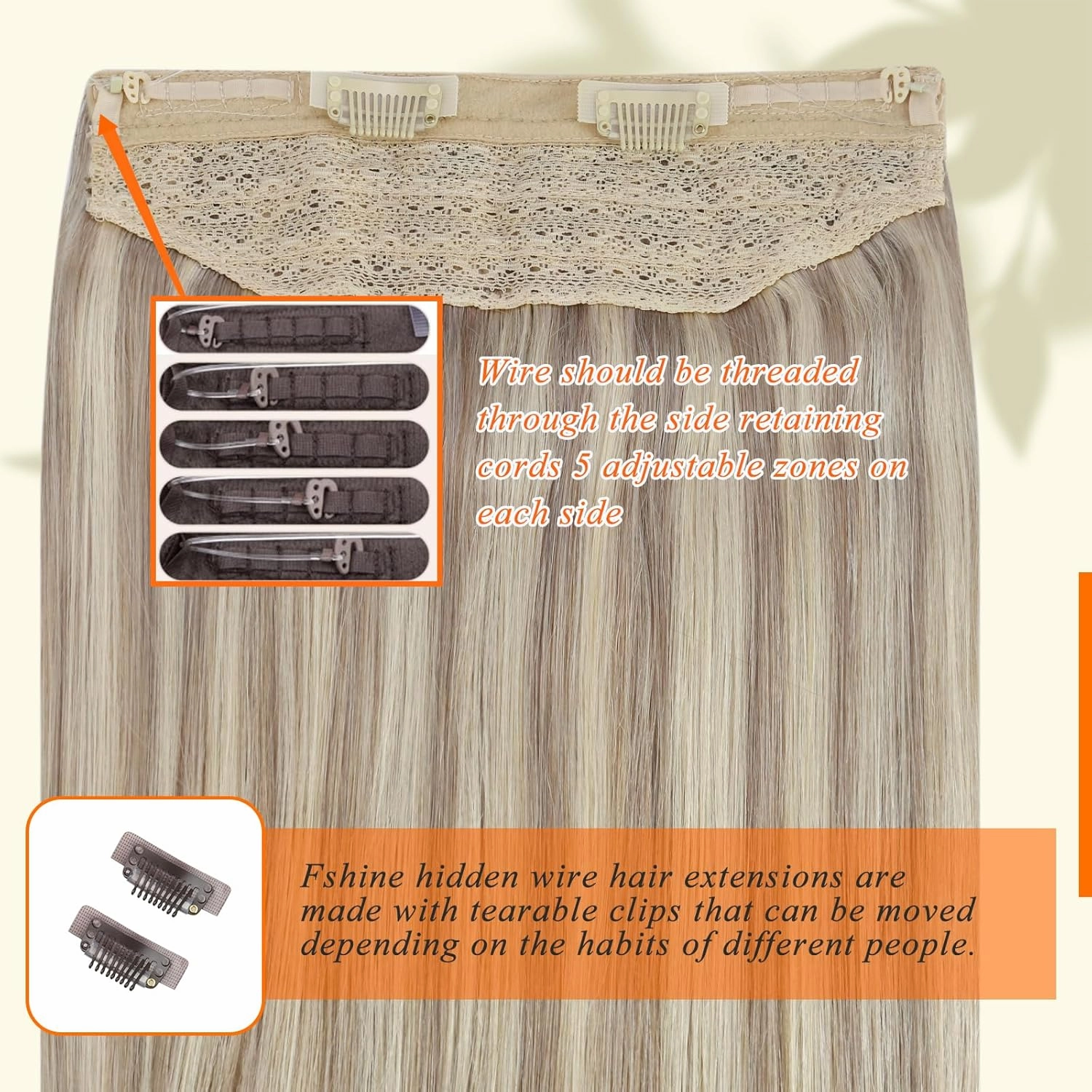 Fshine Invisible Wire Hair Extensions Real Human Hair Ash Blonde Highlighted Bleach Blonde Fish Line Layered Wire Human Hair Extensions Secret Extensions One Piece Clip in Hair Extensions 12Inch 70G