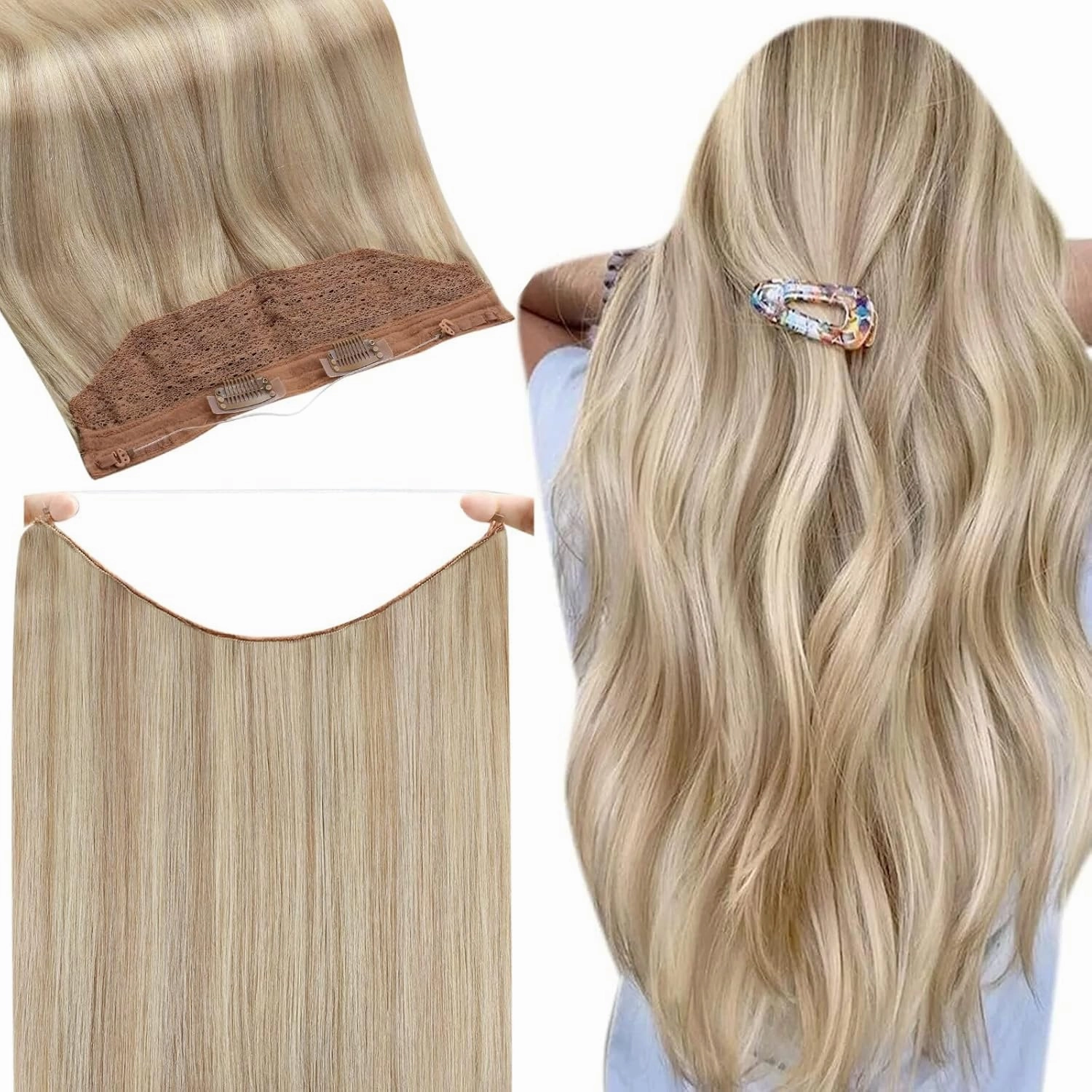 Fshine Invisible Wire Hair Extensions Real Human Hair Ash Blonde Highlighted Bleach Blonde Fish Line Layered Wire Human Hair Extensions Secret Extensions One Piece Clip in Hair Extensions 12Inch 70G