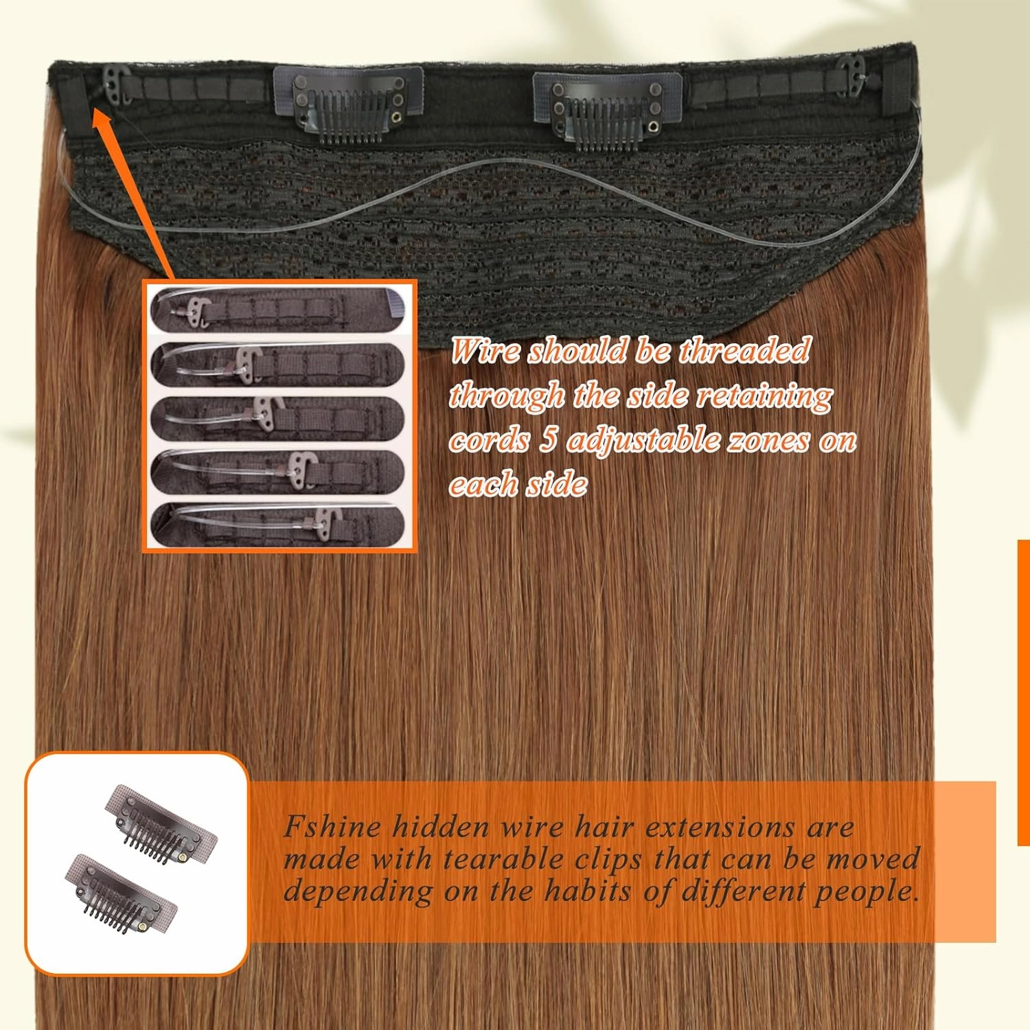 Fshine Invisible Wire Hair Extensions Real Human Hair Auburn Brown 330 Hidden Wire Hair Extensions 14 Inch One Piece Human Hair Extensions Clip in Remy Human Hair Layered Hairpiece 70G