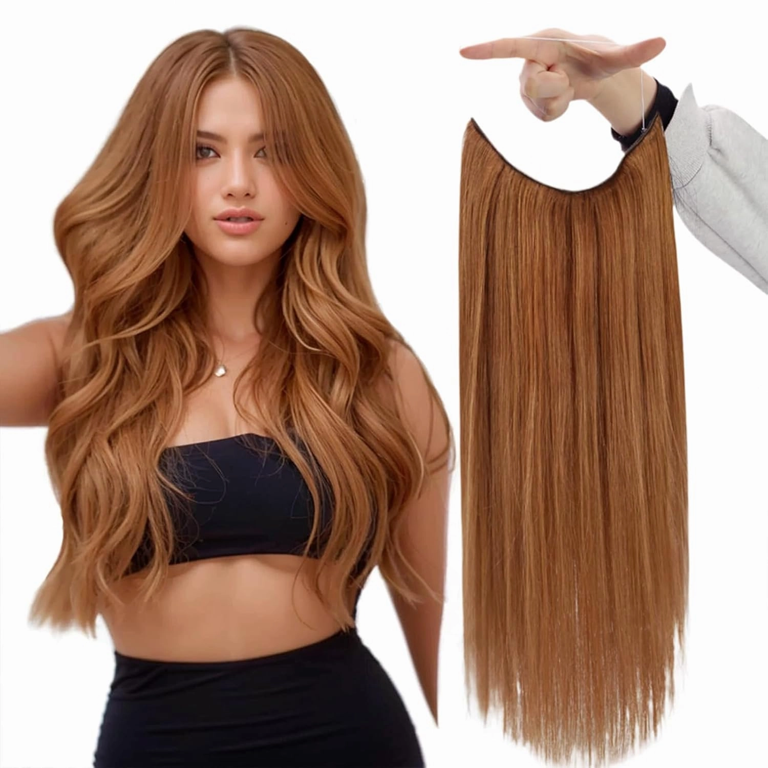 Fshine Invisible Wire Hair Extensions Real Human Hair Auburn Brown 330 Hidden Wire Hair Extensions 14 Inch One Piece Human Hair Extensions Clip in Remy Human Hair Layered Hairpiece 70G