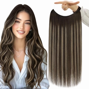 Fshine Invisible Wire Hair Extensions Real Human Hair Ombre Wire Human Hair Dark Brown to Brown Mix Ash Brown Secret Hairpiece Hair Extensions Clip ins Adjustable Fishing Line 20 Inch 80G