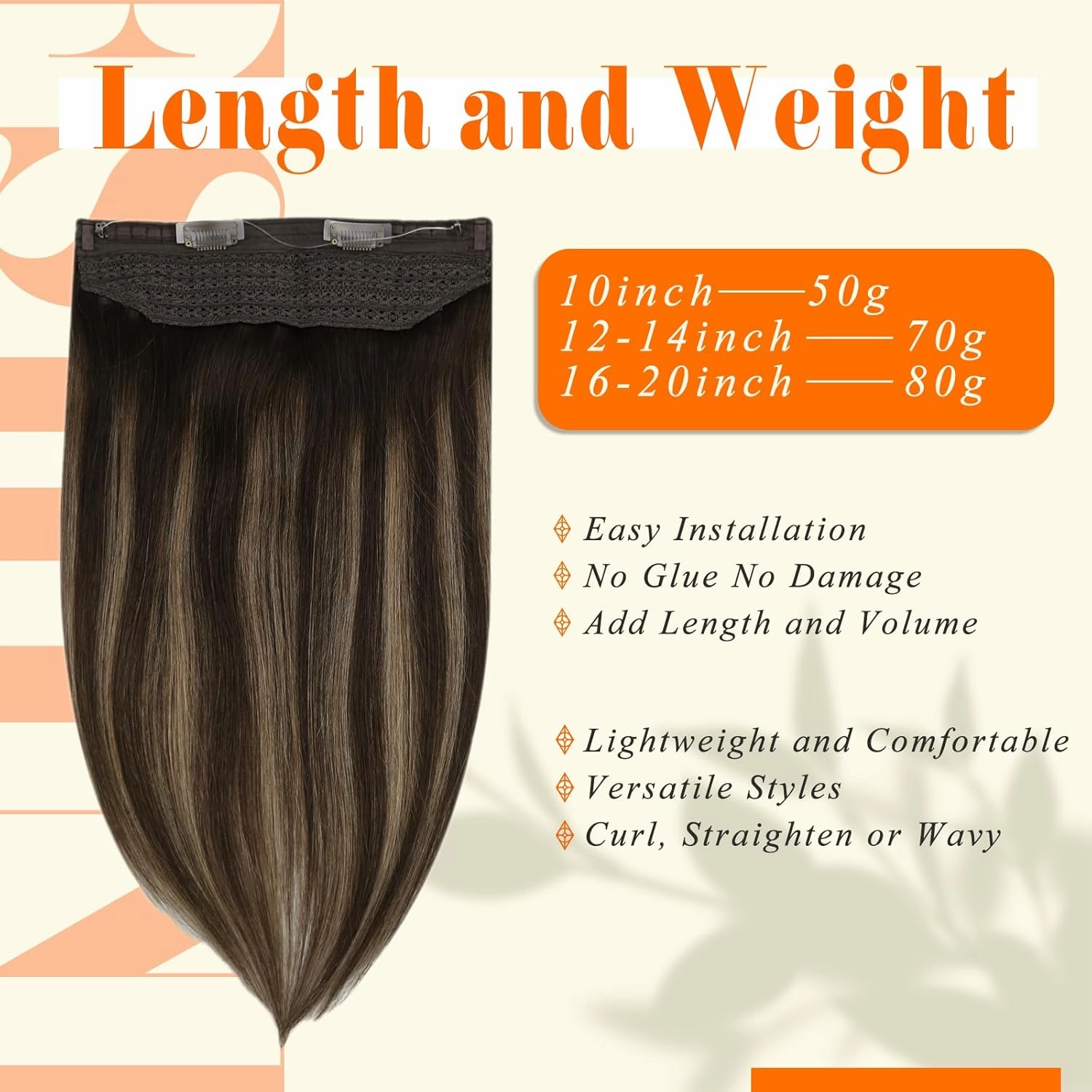 Fshine Invisible Wire Hair Extensions Real Human Hair Ombre Wire Human Hair Dark Brown to Brown Mix Ash Brown Secret Hairpiece Hair Extensions Clip ins Adjustable Fishing Line 20 Inch 80G