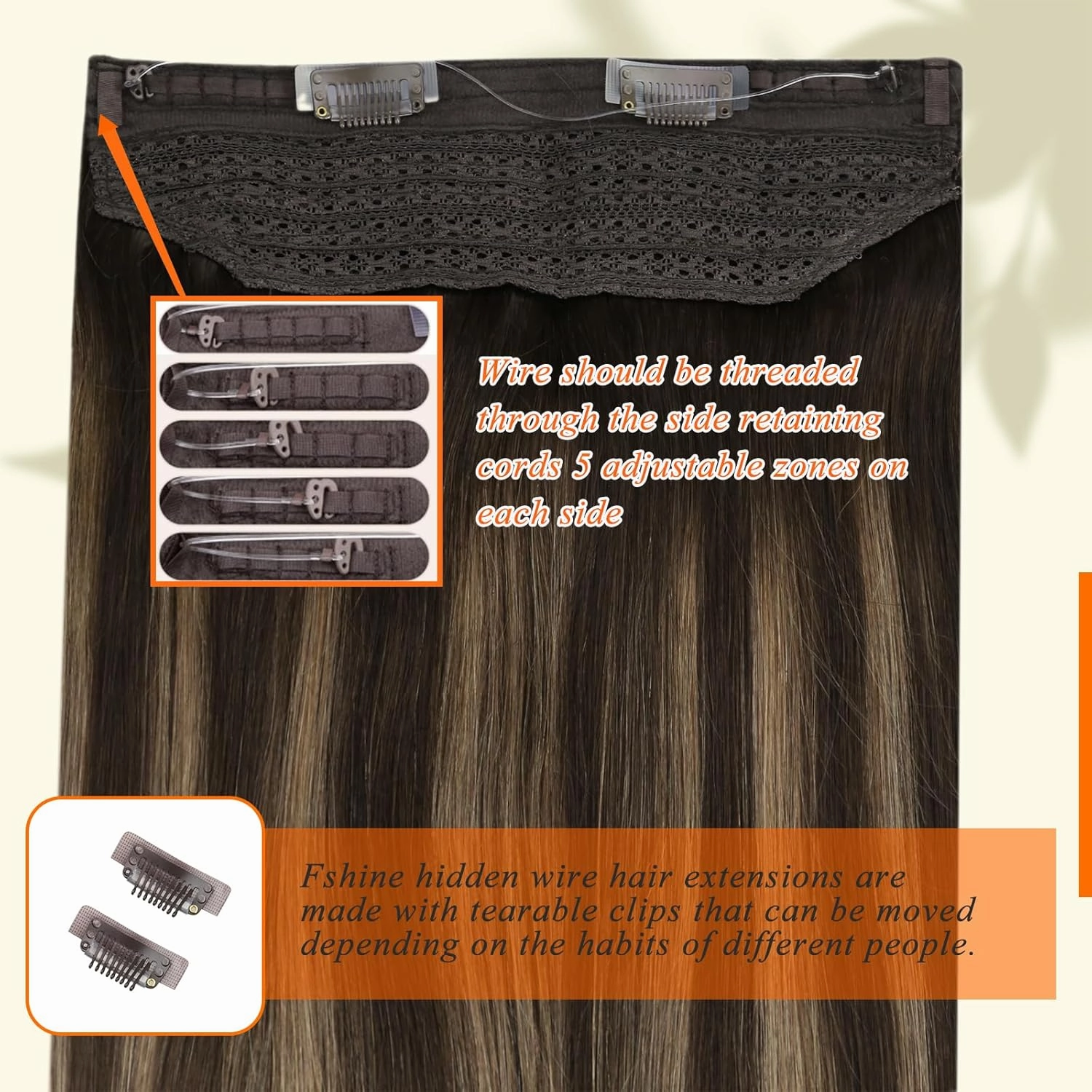 Fshine Invisible Wire Hair Extensions Real Human Hair Ombre Wire Human Hair Dark Brown to Brown Mix Ash Brown Secret Hairpiece Hair Extensions Clip ins Adjustable Fishing Line 20 Inch 80G